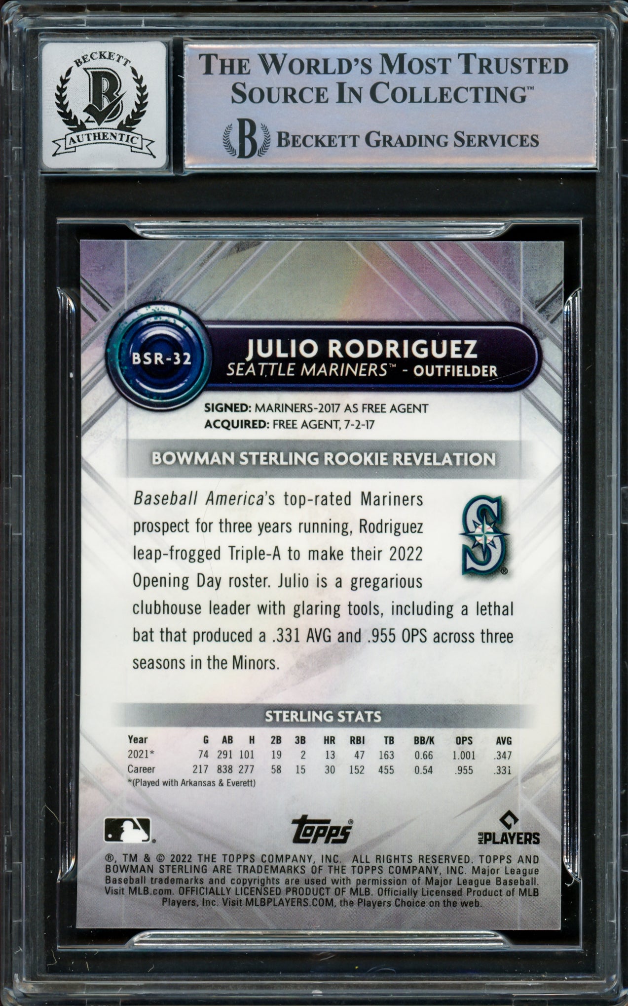 Julio Rodriguez Autographed 2022 Bowman Sterling Rookie Card #BSR32 Seattle Mariners Auto Grade Gem Mint 10 Beckett BAS #16339282