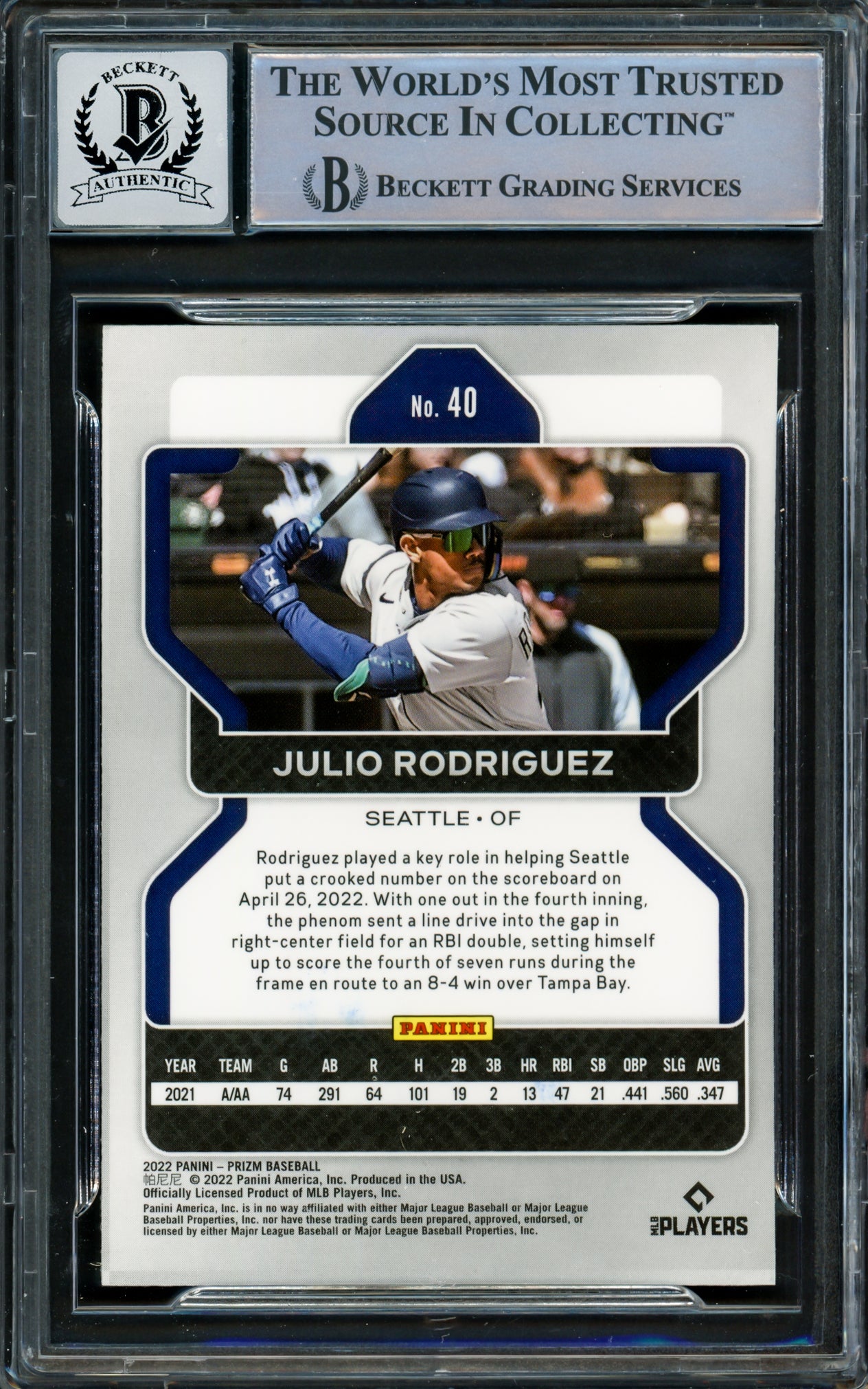 Julio Rodriguez Autographed 2022 Panini Prizm Rookie Card #40 Seattle Mariners Auto Grade Gem Mint 10 Beckett BAS #16339284