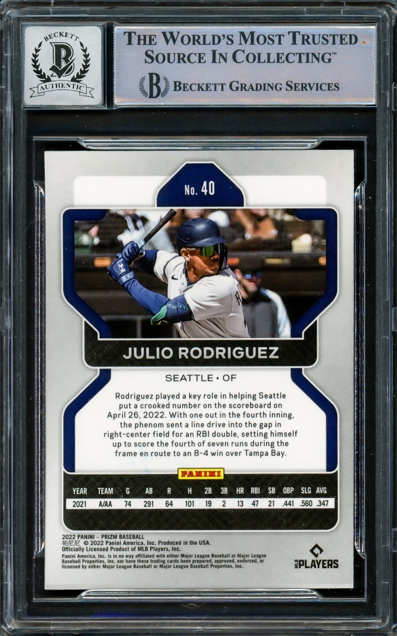 Julio Rodriguez Autographed 2022 Panini Prizm Rookie Card #40 Seattle Mariners Auto Grade Gem Mint 10 Beckett BAS #16339285