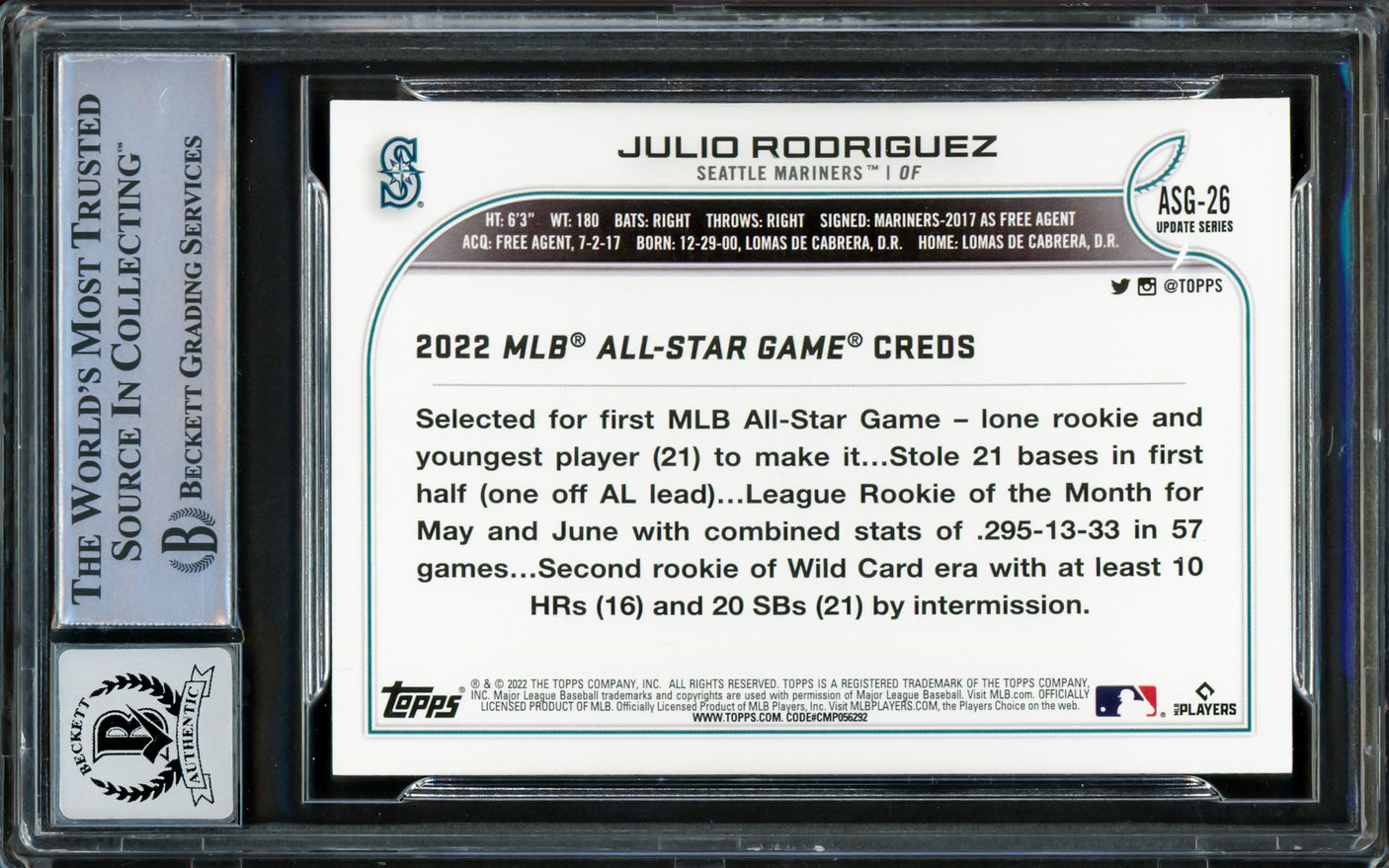 Julio Rodriguez Autographed 2022 Topps Update All Star Rookie Card #ASG-26 Seattle Mariners Auto Grade Gem Mint 10 Beckett BAS #16339308
