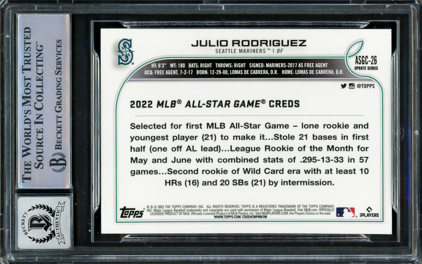Julio Rodriguez Autographed 2022 Topps Chrome All Star Refractor Rookie Card #ASGC-26 Seattle Mariners Auto Grade Gem Mint 10 Beckett BAS #16339430
