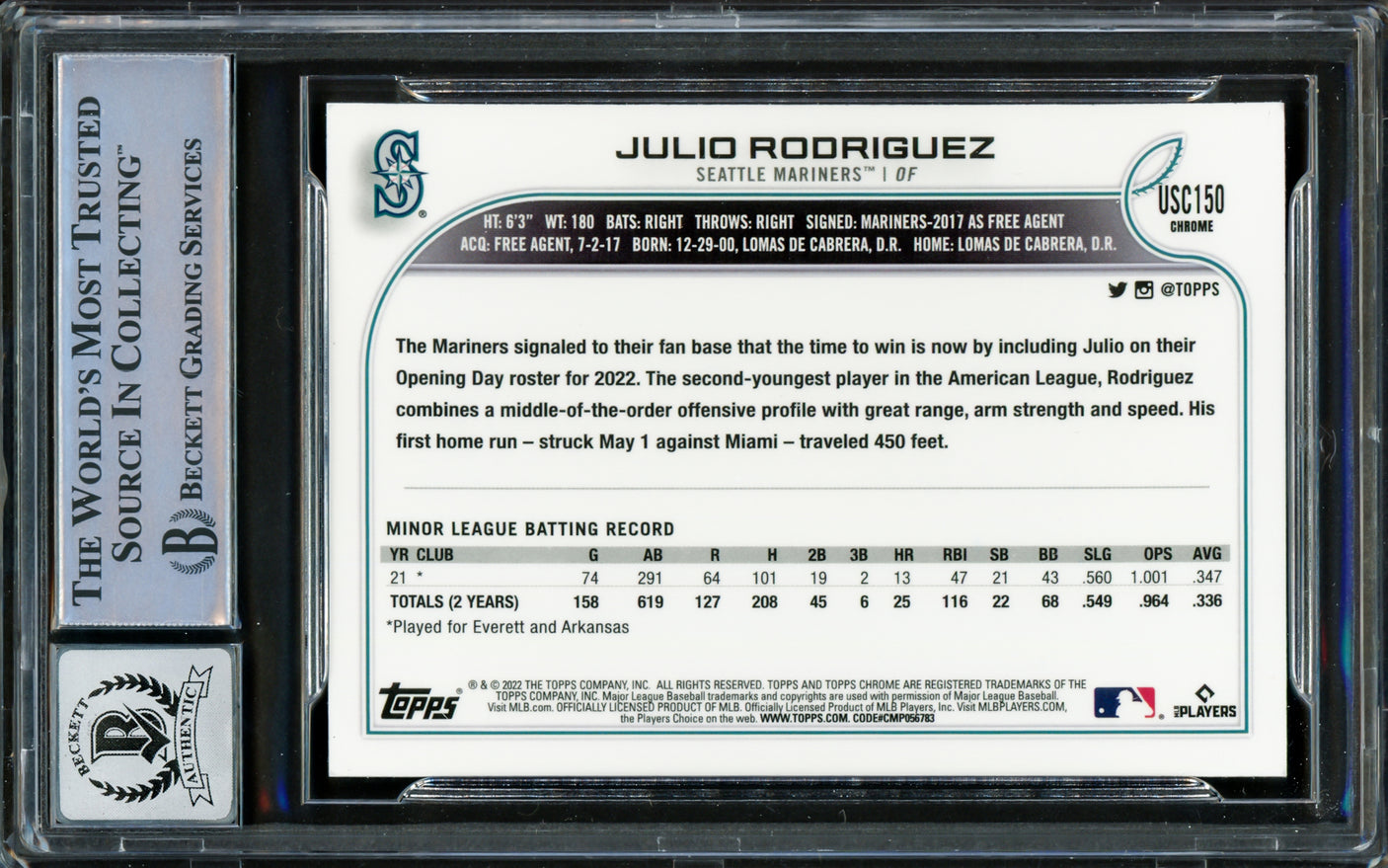 Julio Rodriguez Autographed 2022 Topps Chrome Update Purple Refractor Rookie Card #USC150 Seattle Mariners Auto Grade Gem Mint 10 Beckett BAS #16339432