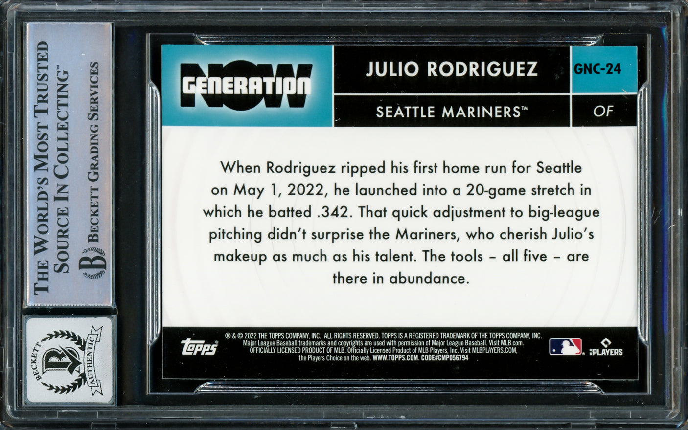 Julio Rodriguez Autographed 2022 Topps Chrome Generation Now Rookie Card #GNC-24 Seattle Mariners Auto Grade Gem Mint 10 Beckett BAS #16339455