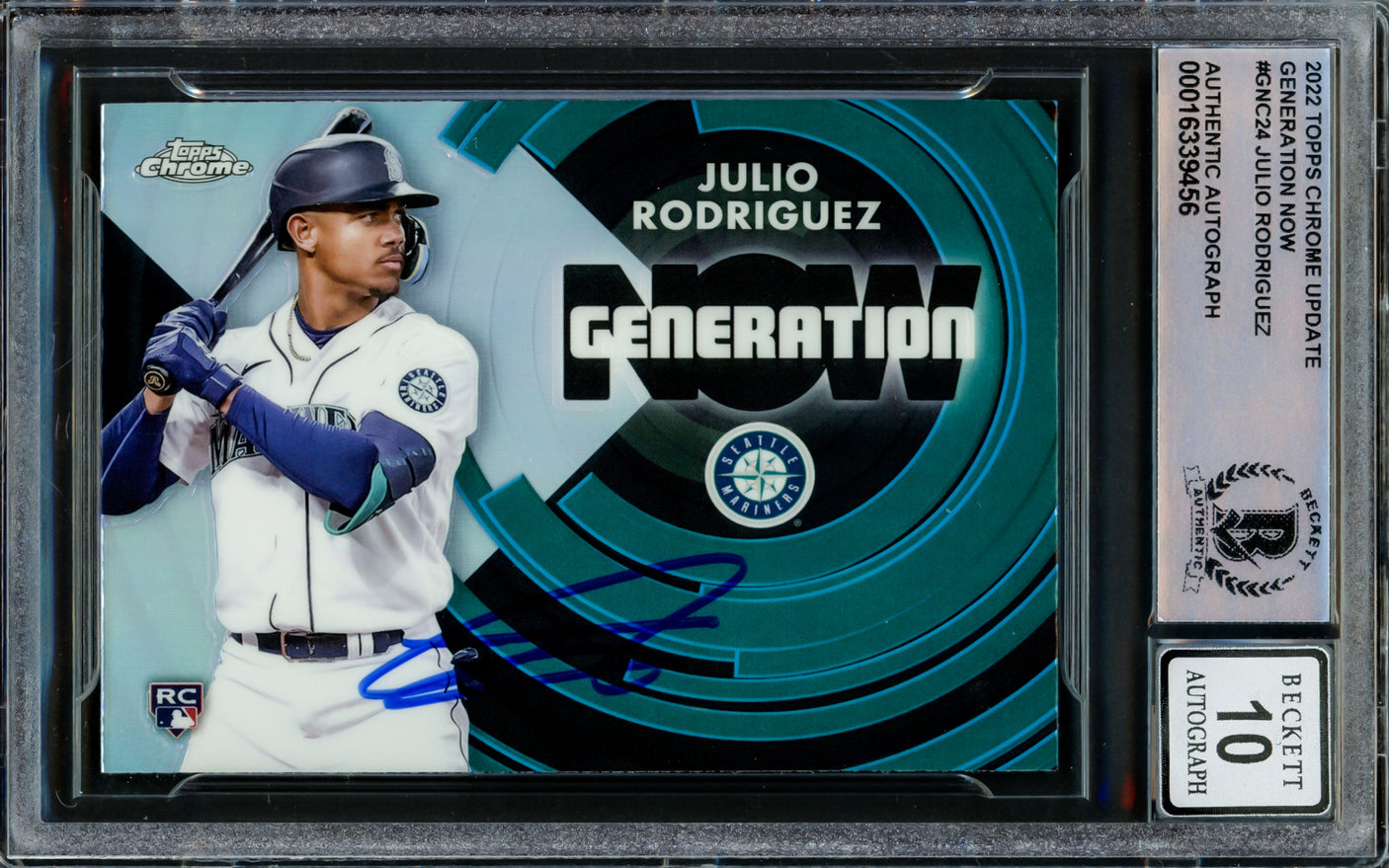 Julio Rodriguez Autographed 2022 Topps Chrome Generation Now Rookie Card #GNC-24 Seattle Mariners Auto Grade Gem Mint 10 Beckett BAS #16339456