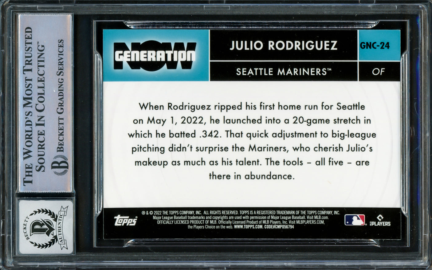 Julio Rodriguez Autographed 2022 Topps Chrome Generation Now Rookie Card #GNC-24 Seattle Mariners Auto Grade Gem Mint 10 Beckett BAS #16339456