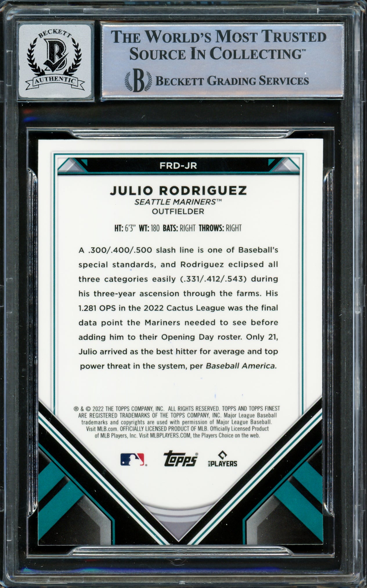 Julio Rodriguez Autographed 2022 Topps Finest Rookie Card #FRD-JR Seattle Mariners Auto Grade Gem Mint 10 Beckett BAS #16339461
