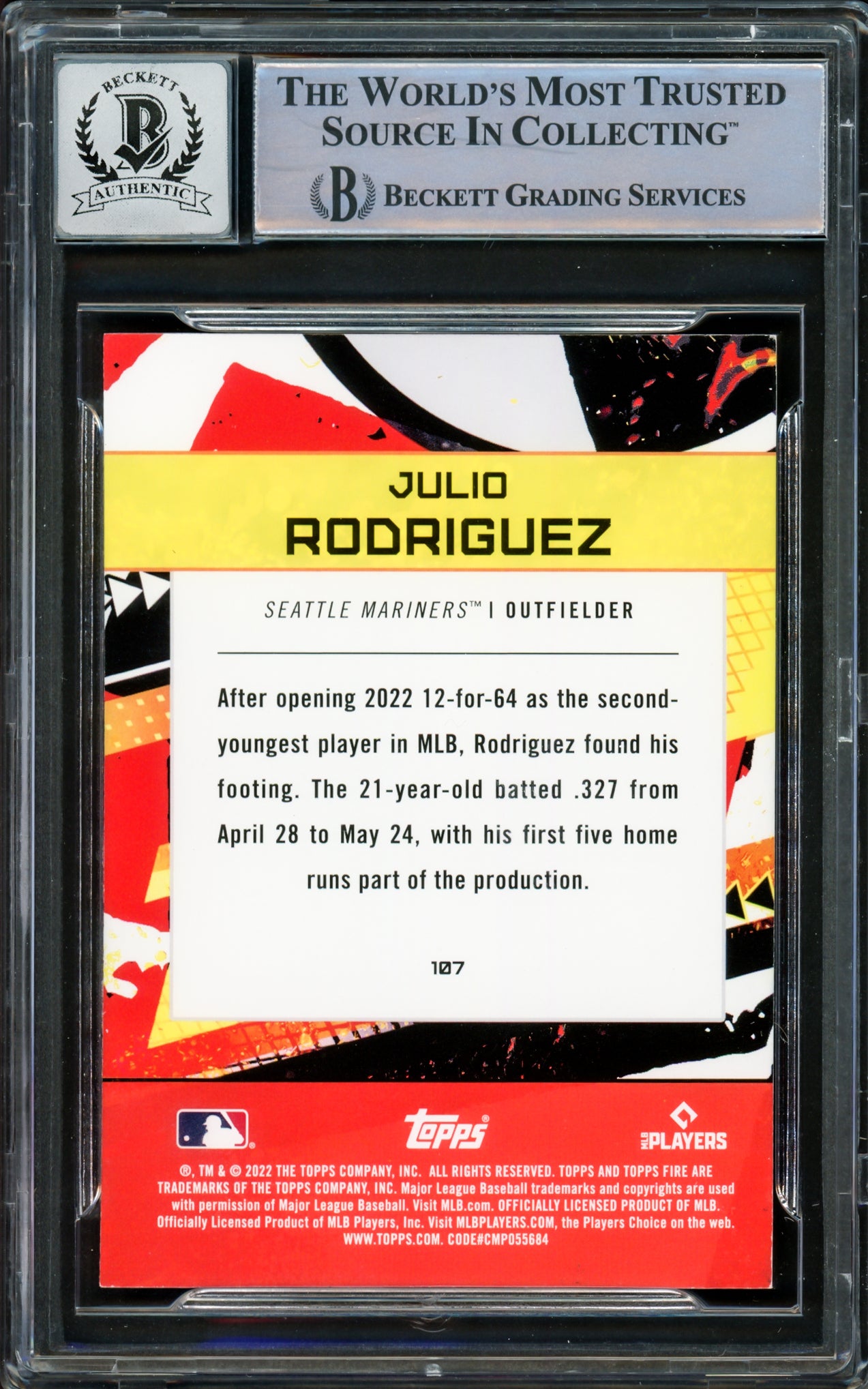 Julio Rodriguez Autographed 2022 Topps Fire Rookie Card #107 Seattle Mariners Auto Grade Gem Mint 10 Beckett BAS #16339462