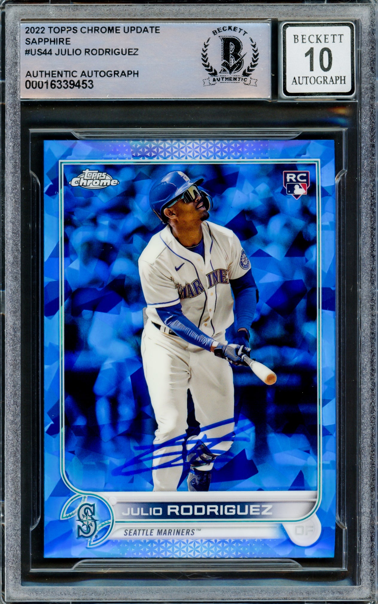 Julio Rodriguez Autographed 2022 Topps Chrome Update Sapphire Rookie Card #US44 Seattle Mariners Auto Grade Gem Mint 10 Beckett BAS #16339453