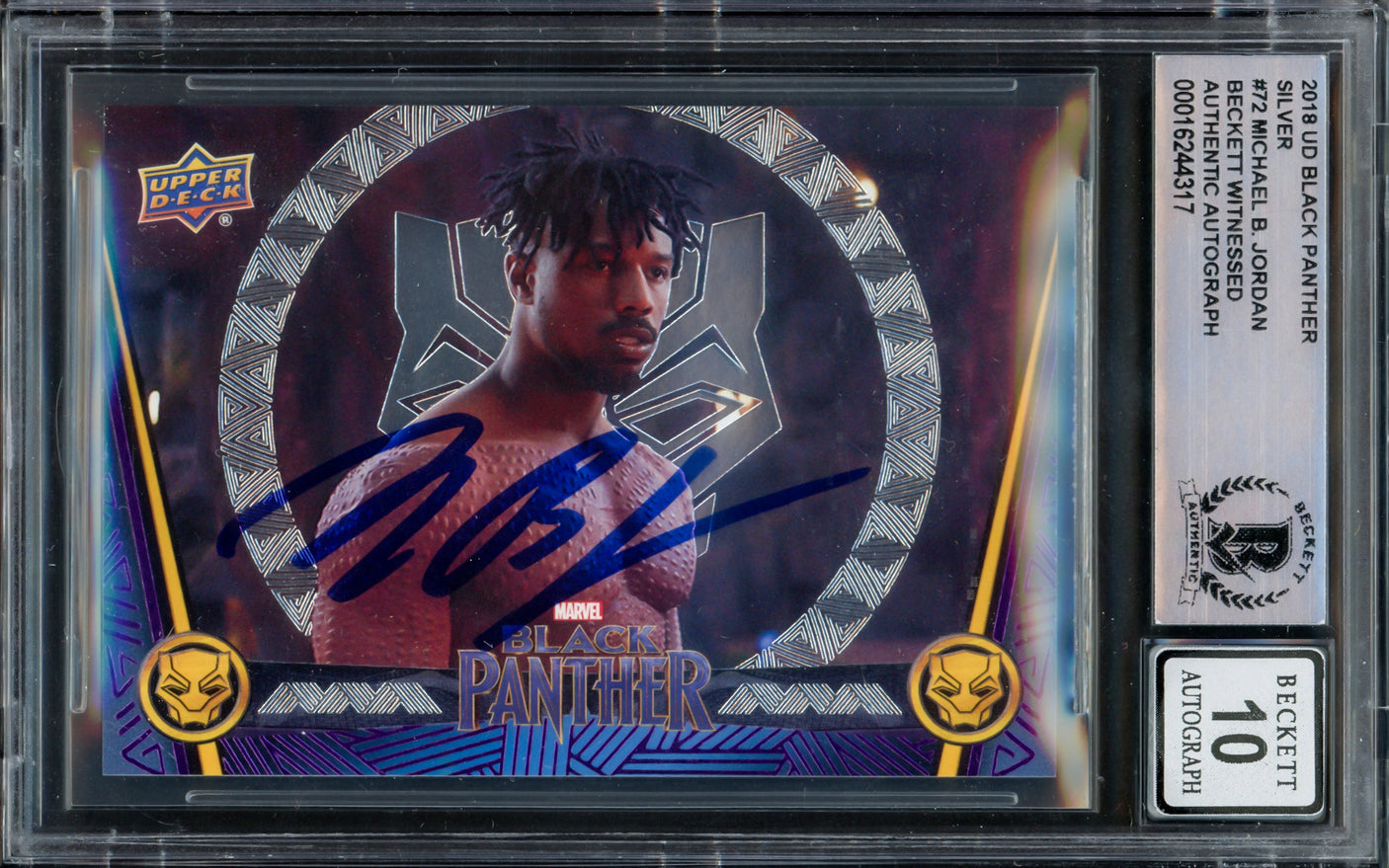 Michael B. Jordan Autographed 2018 Upper Deck Black Panther Silver Card #72 Marvel Auto Grade Gem Mint 10 Beckett BAS #16244317