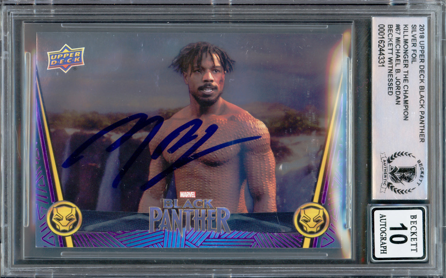 Michael B. Jordan Autographed 2018 Upper Deck Black Panther Silver Foil Card #67 Marvel Auto Grade Gem Mint 10 Okoye Takes on KillMonger Beckett BAS Stock #224175