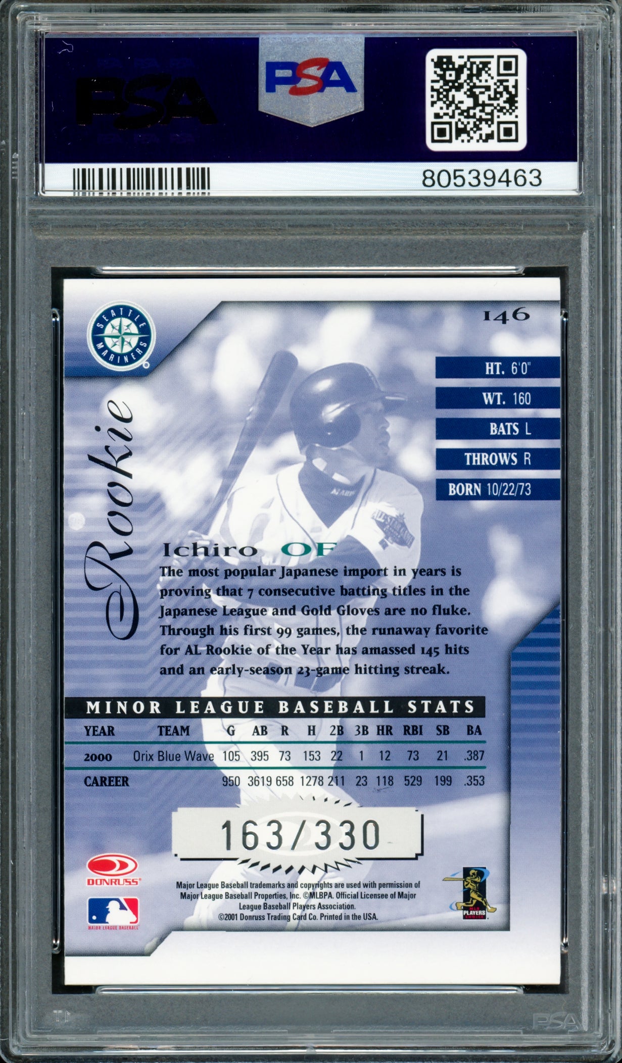 Ichiro Suzuki Autographed 2001 Donruss Signature Rookie Card #146 Seattle Mariners PSA 9 Auto Grade Gem Mint 10 "01 ROY/MVP" Highest Graded #163/330 PSA/DNA #80539463