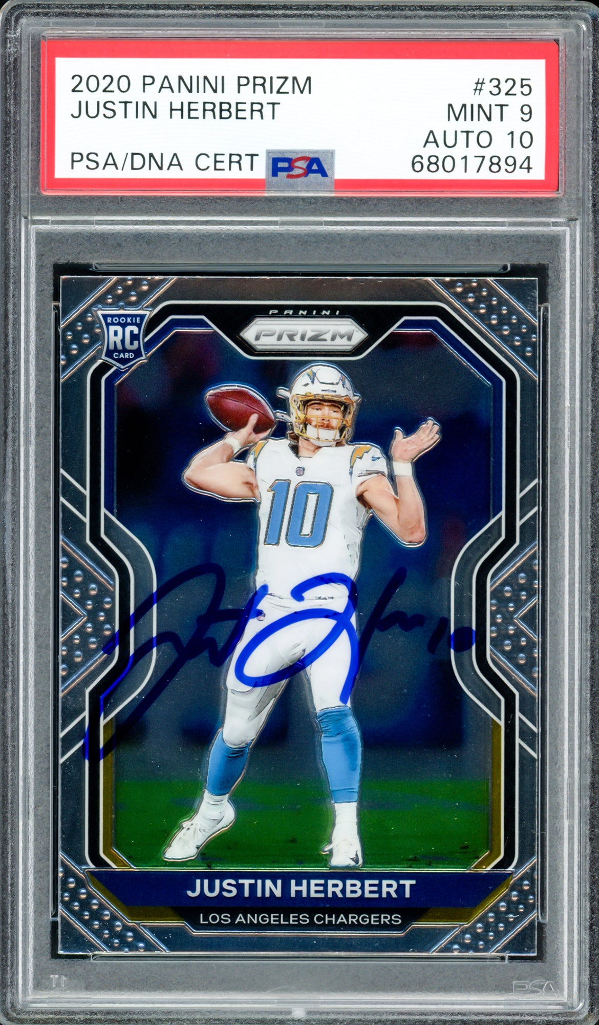 Justin Herbert Autographed 2020 Panini Prizm Rookie Card #325 Los Angeles Chargers PSA 9 Auto Grade Gem Mint 10 PSA/DNA #68017894
