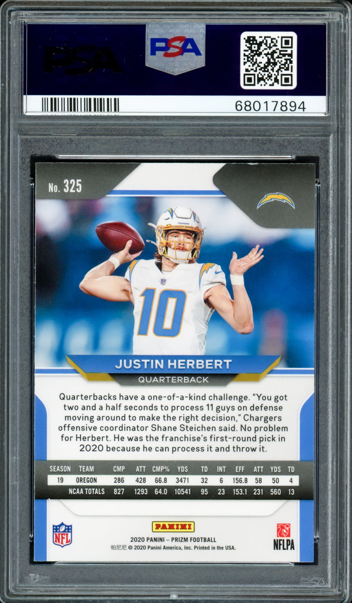 Justin Herbert Autographed 2020 Panini Prizm Rookie Card #325 Los Angeles Chargers PSA 9 Auto Grade Gem Mint 10 PSA/DNA #68017894