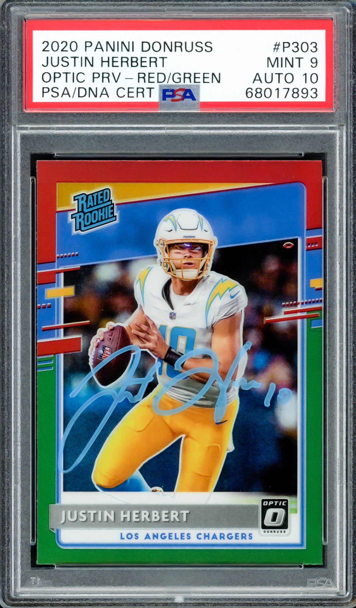 Justin Herbert Autographed 2020 Donruss Optic Preview Red Green Rookie Card #P303 Los Angeles Chargers PSA 9 Auto Grade Gem Mint 10 PSA/DNA #68017893