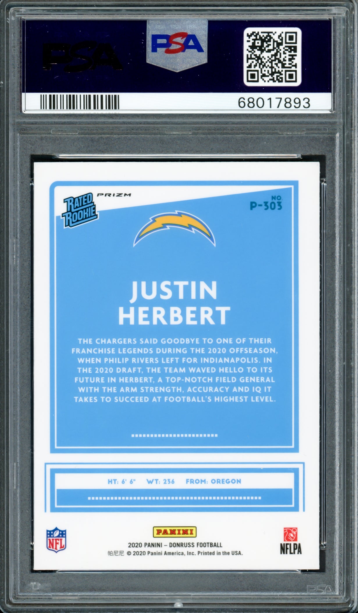 Justin Herbert Autographed 2020 Donruss Optic Preview Red Green Rookie Card #P303 Los Angeles Chargers PSA 9 Auto Grade Gem Mint 10 PSA/DNA #68017893
