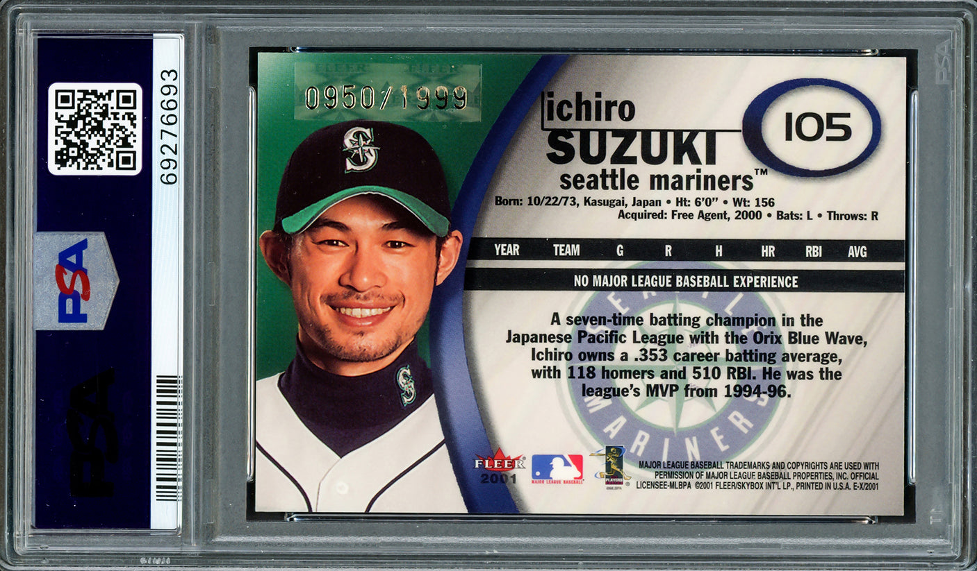 Ichiro Suzuki Autographed 2001 Fleer E-X Rookie Card #105 Seattle Mariners PSA 10 Auto Grade Gem Mint 10 "01 ROY/MVP" Pop 1 #950/1999 PSA/DNA #69276693