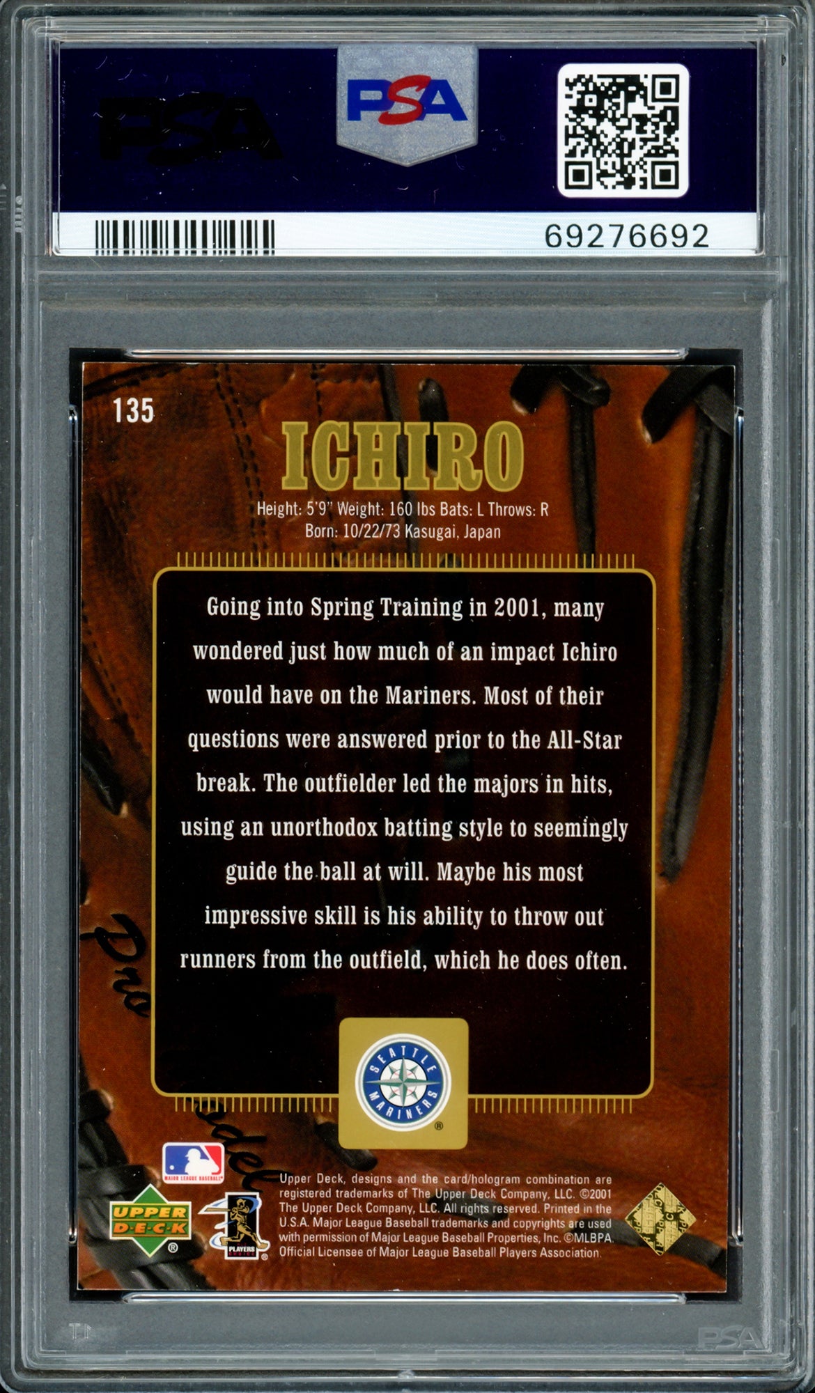Ichiro Suzuki Autographed 2001 UD Gold Glove Rookie Card #135 Seattle Mariners PSA 8 Auto Grade Gem Mint 10 "01 ROY/MVP" #265/500 PSA/DNA #69276692