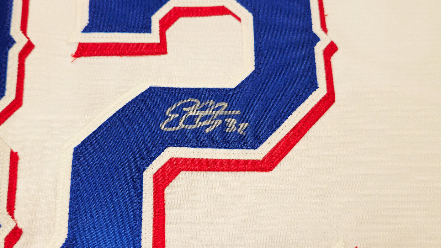 Texas Rangers Evan Carter Autographed White Nike Jersey Size 2XLT "23 WS Champs" Beckett BAS Witness Stock #236694