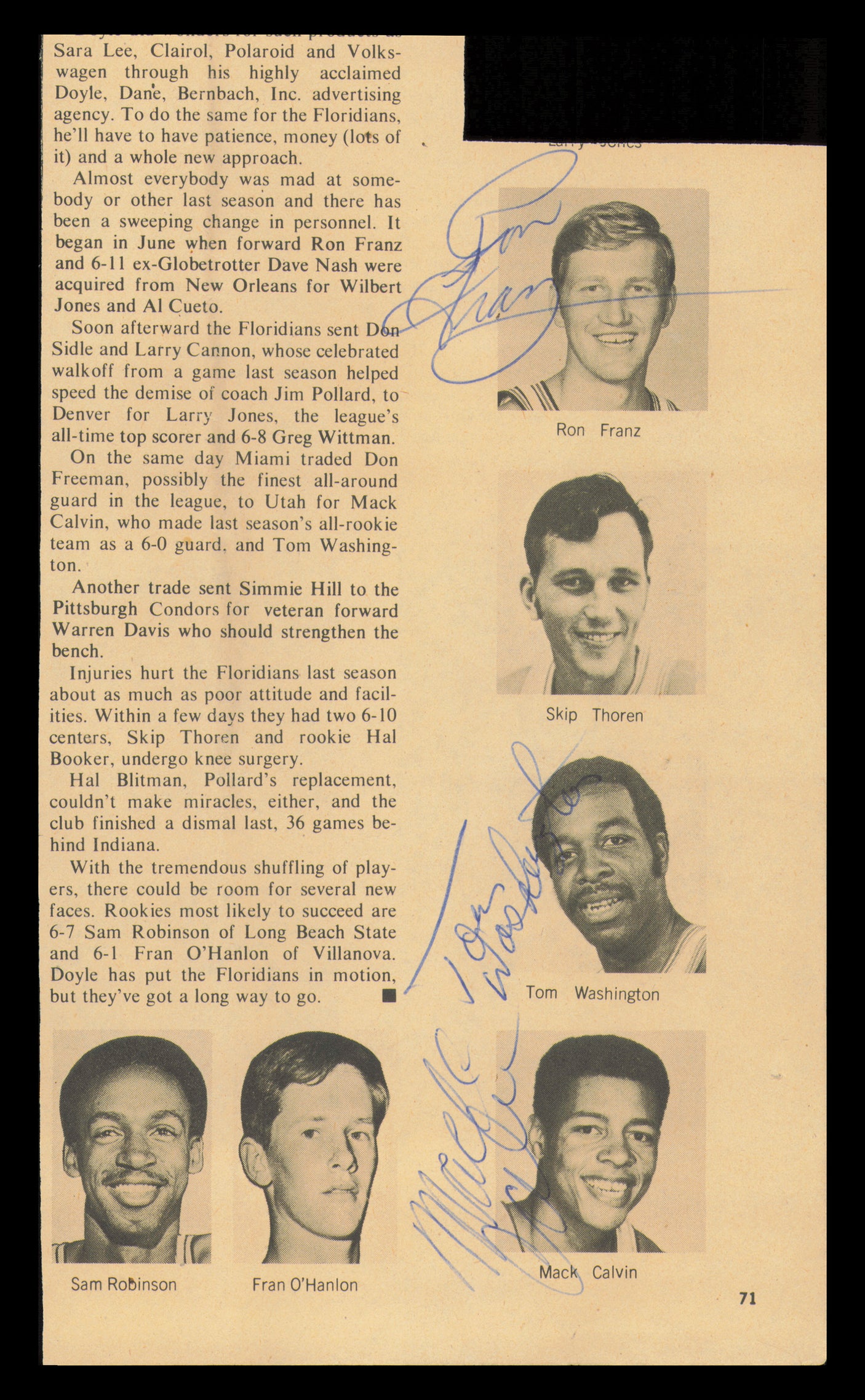 Tom "Trooper" Washington, Mack Calvin & Ron Franz Autographed 5x9 Magazine Photo 1970-71 Florida SKU #237918
