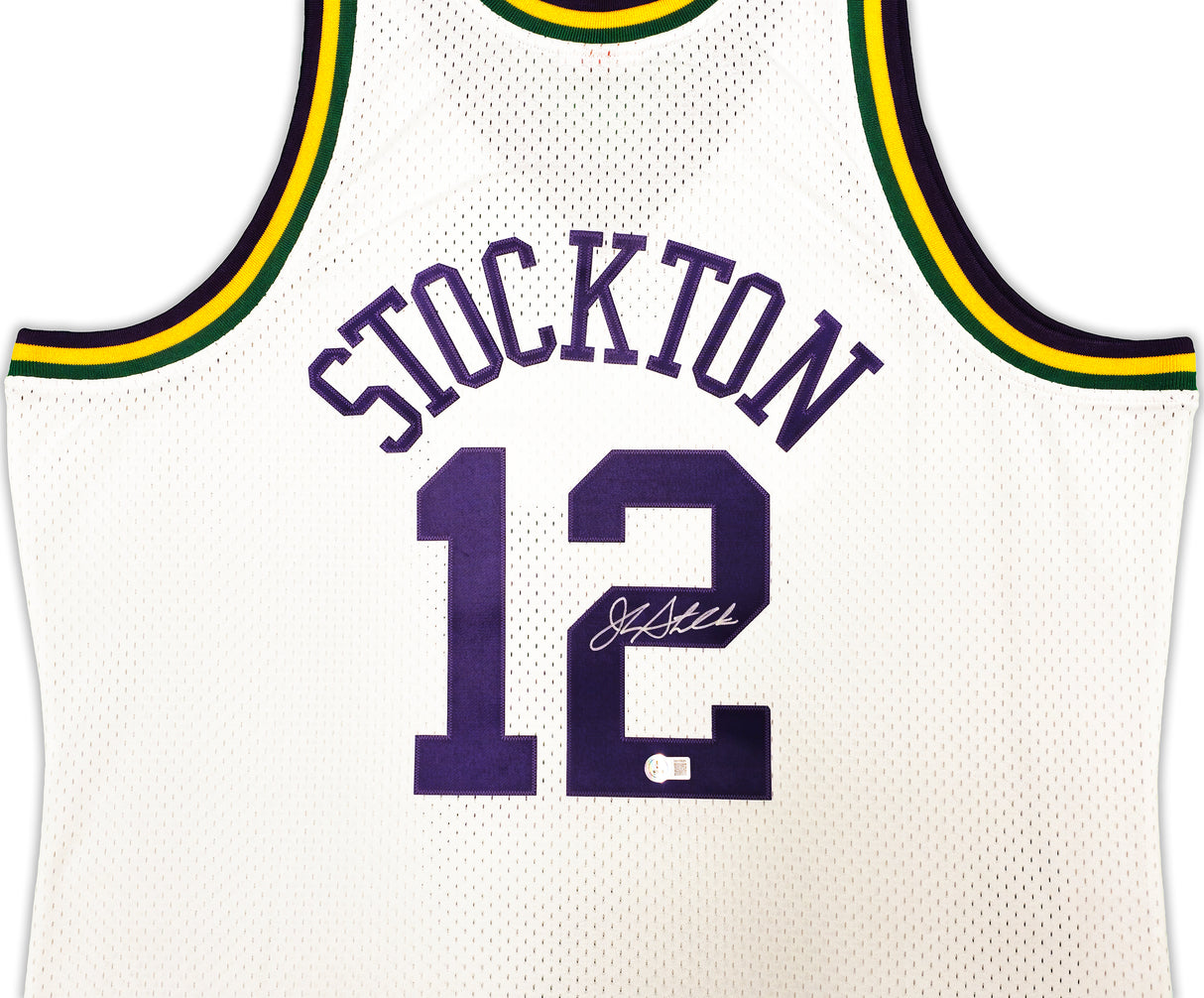 Utah Jazz John Stockton Autographed White Authentic Mitchell & Ness 1991-92 Hardwood Classic Swingman Jersey Size XXL Beckett BAS Witness Stock #224337