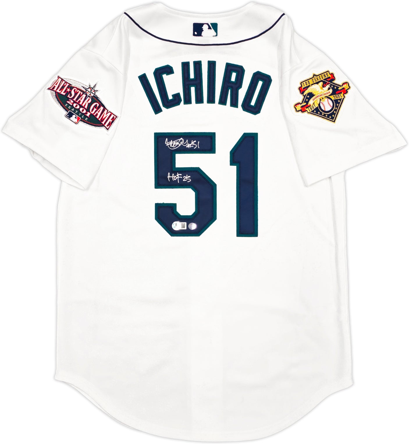 Seattle Mariners Ichiro Suzuki Autographed White Mitchell & Ness 2001 All Star Game Patch Rookie Year Jersey Size 40 "HOF 25" IS Holo & Beckett BAS Witness QR Stock #238314