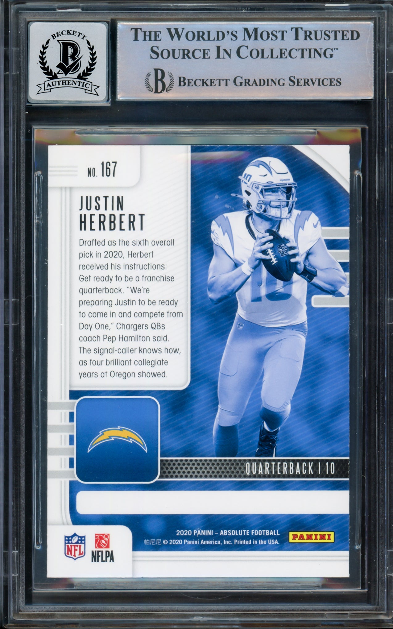 Justin Herbert Autographed 2020 Absolute Green Rookie Card #167 Los Angeles Chargers BGS 9 Auto Grade Gem Mint 10 Beckett BAS #15297783