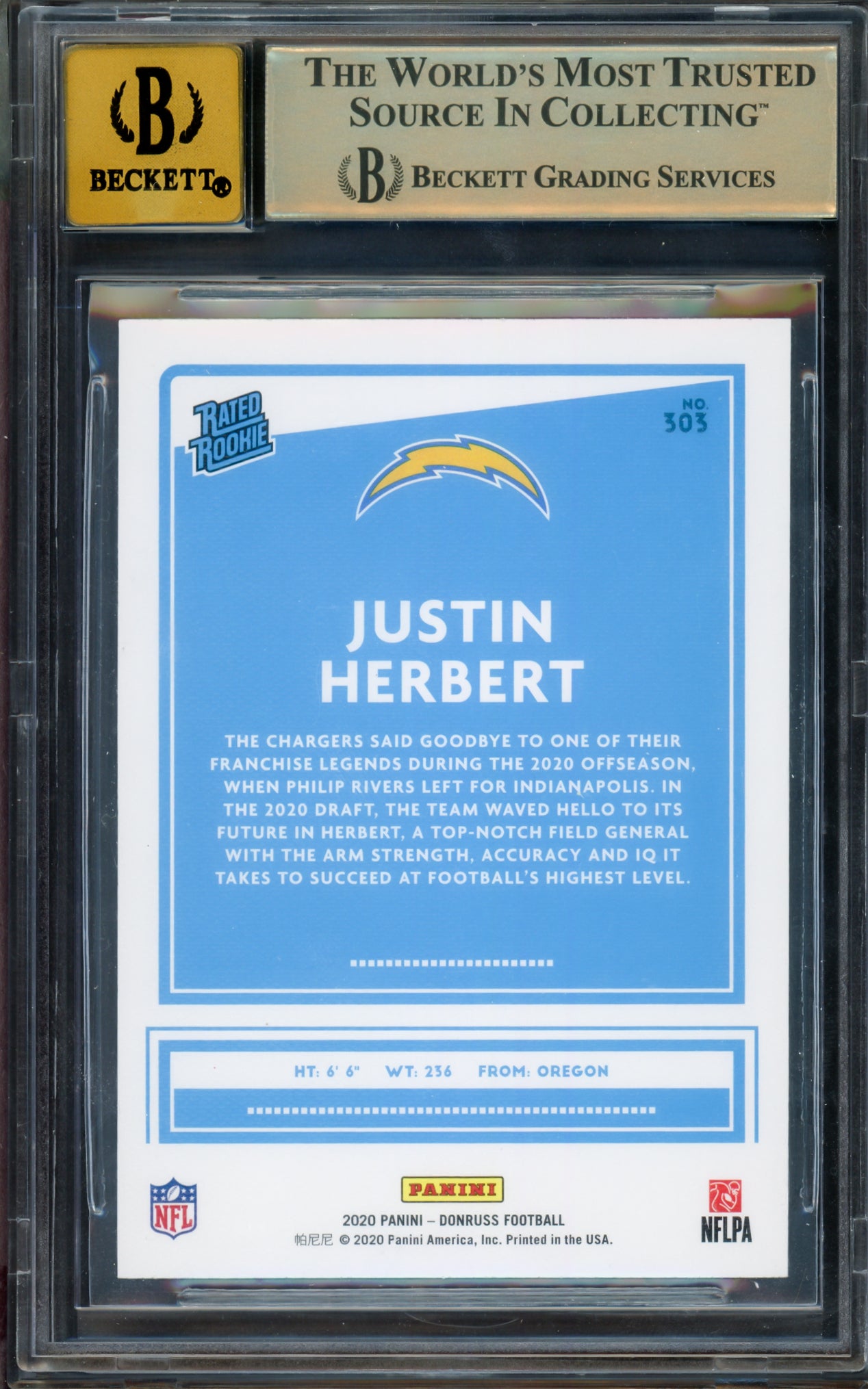 Justin Herbert Autographed 2020 Donruss Rated Rookie Canvas Rookie Card #303 Los Angeles Chargers BGS 9.5 Auto Grade Gem Mint 10 Beckett BAS #15297228