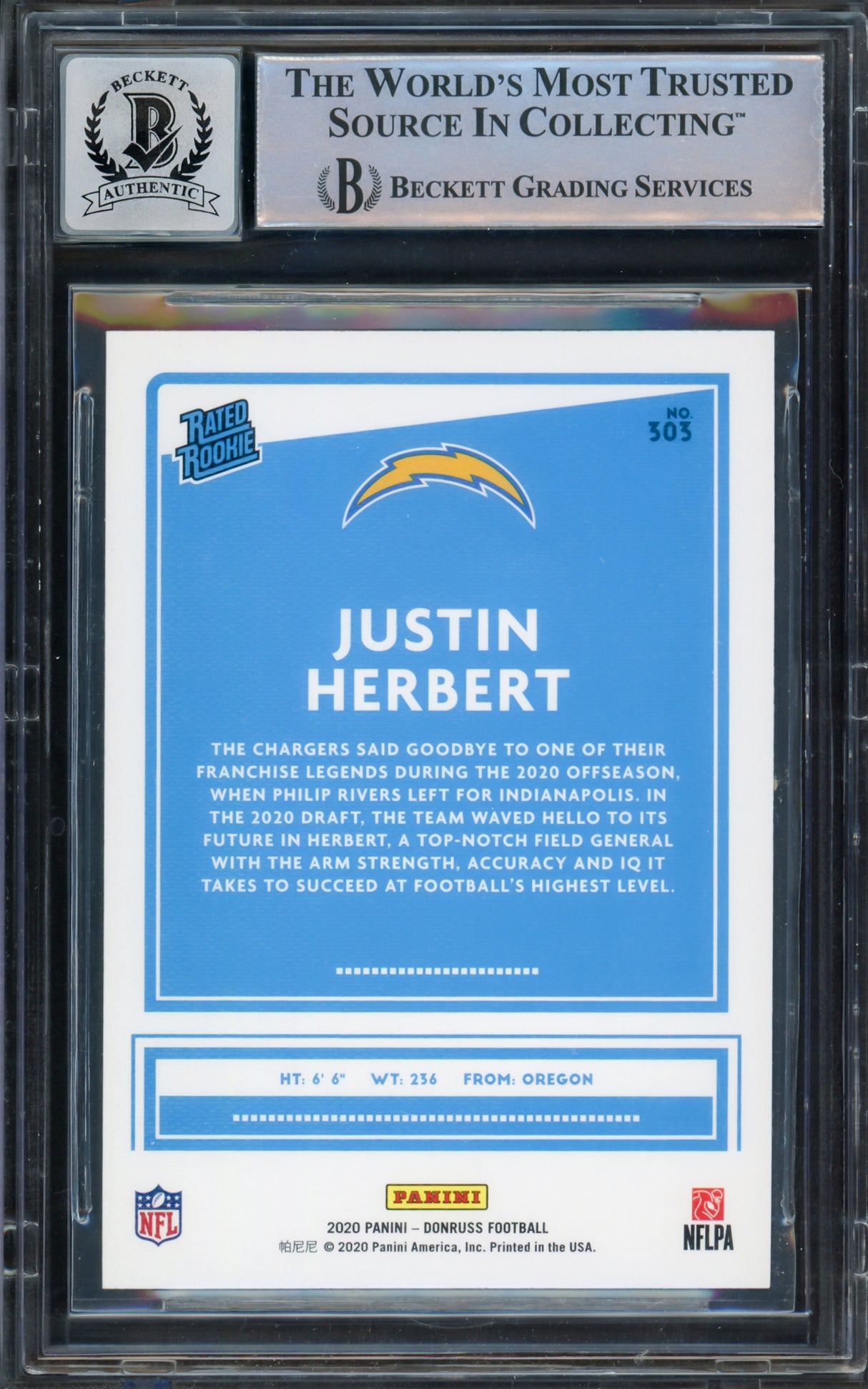 Justin Herbert Autographed 2020 Donruss Rated Rookie Canvas Rookie Card #303 Los Angeles Chargers BGS 9 Auto Grade Gem Mint 10 Beckett BAS #15297782