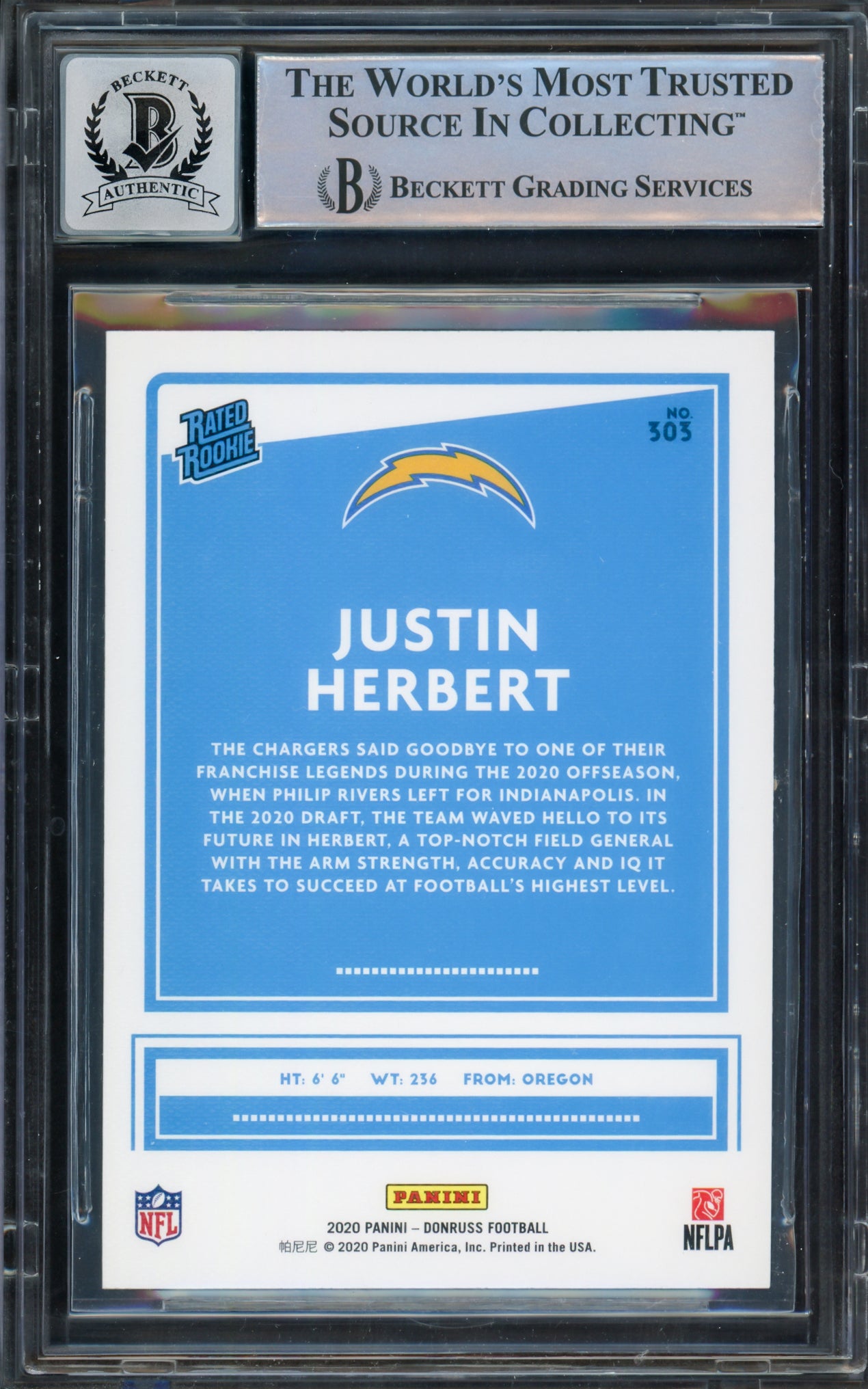 Justin Herbert Autographed 2020 Donruss Rated Rookie Canvas Rookie Card #303 Los Angeles Chargers BGS 9 Auto Grade Gem Mint 10 Beckett BAS #15297782