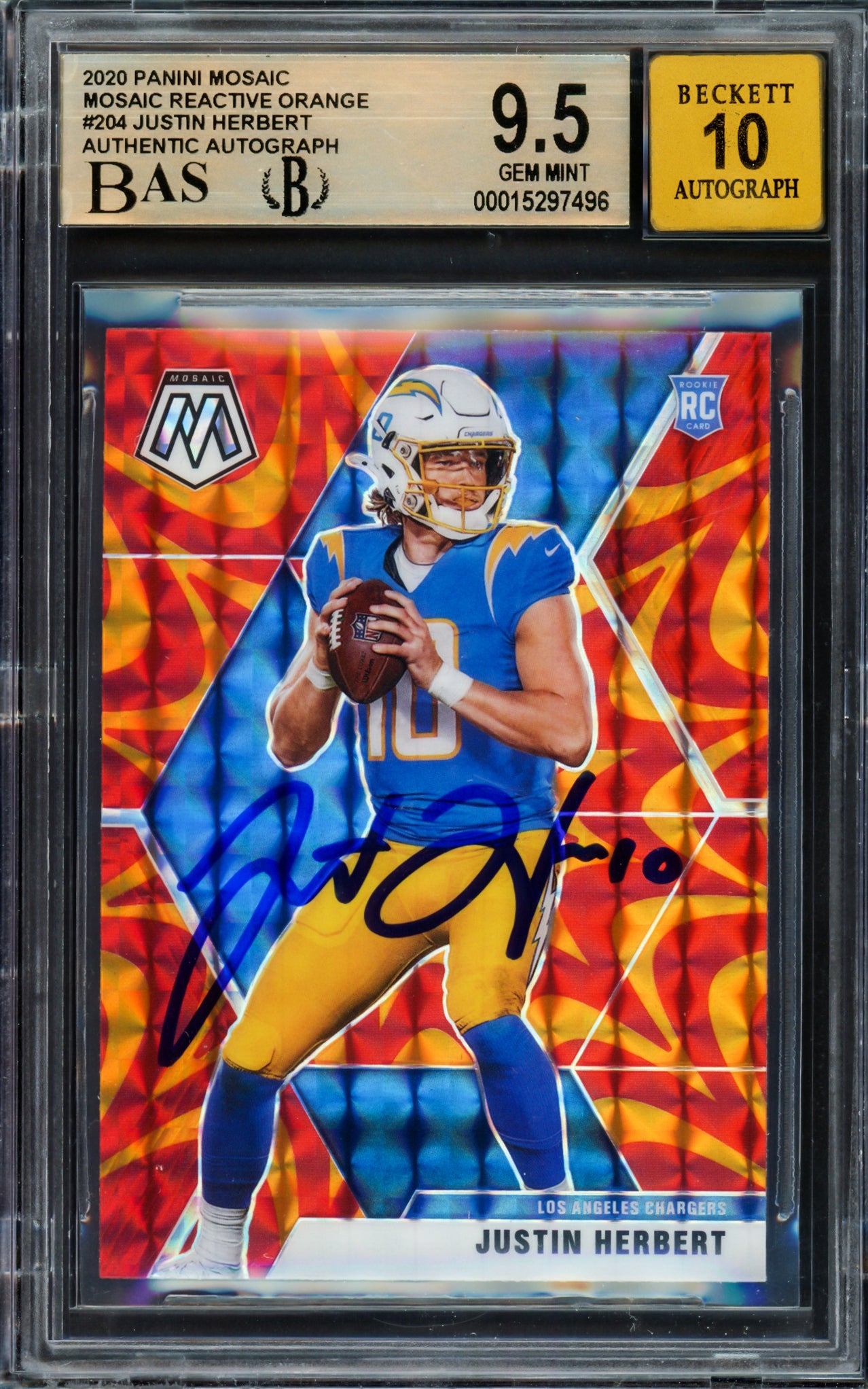 Justin Herbert Autographed 2020 Panini Mosaic Reactive Orange Prizm Rookie Card #204 Los Angeles Chargers BGS 9.5 Auto Grade Gem Mint 10 Beckett BAS #15297496
