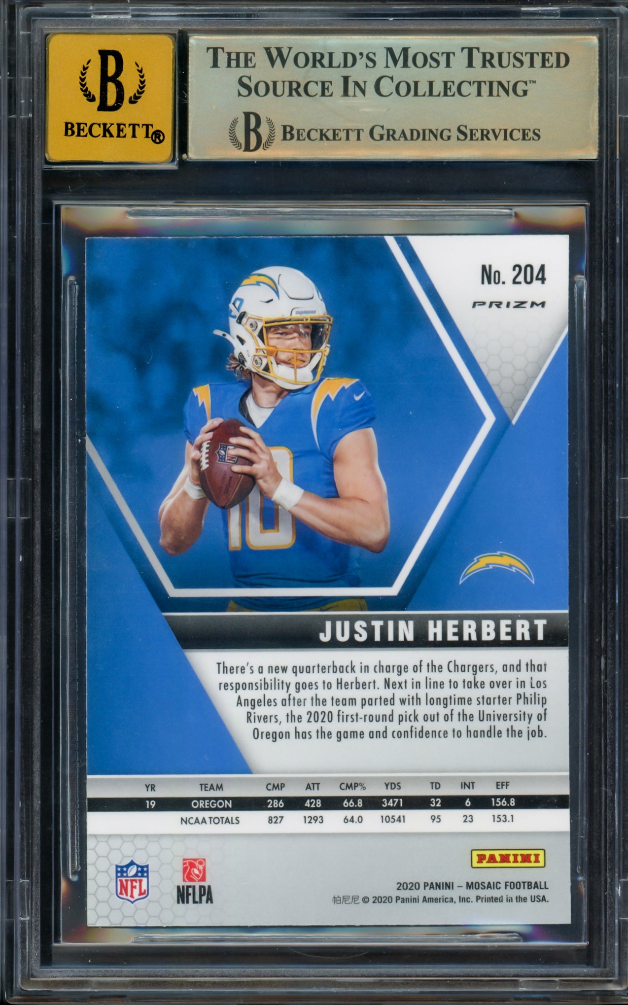 Justin Herbert Autographed 2020 Panini Mosaic Reactive Orange Prizm Rookie Card #204 Los Angeles Chargers BGS 9.5 Auto Grade Gem Mint 10 Beckett BAS #15297495