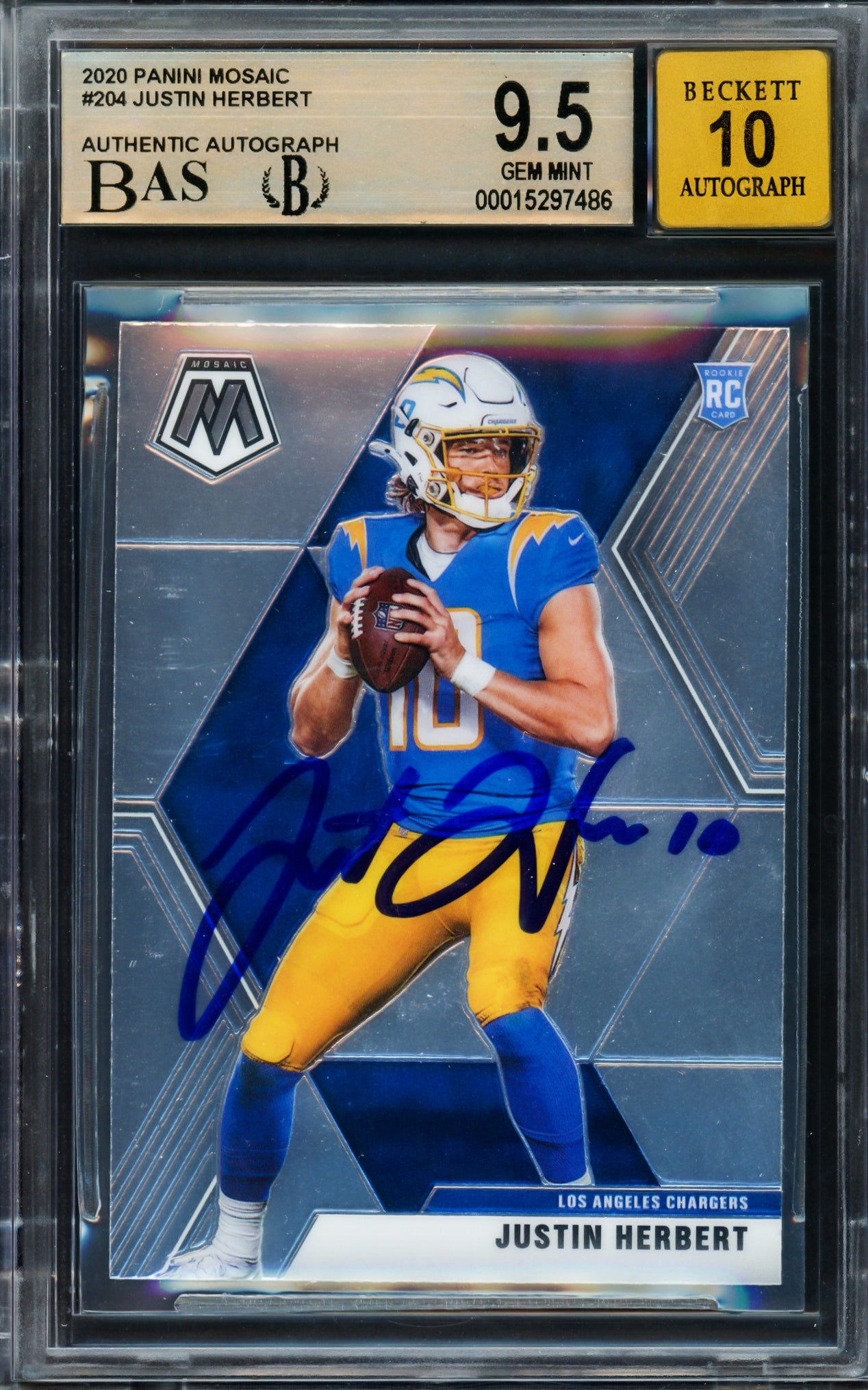 Justin Herbert Autographed 2020 Panini Mosaic Rookie Card #204 Los Angeles Chargers BGS 9.5 Auto Grade Gem Mint 10 Beckett BAS #15297486
