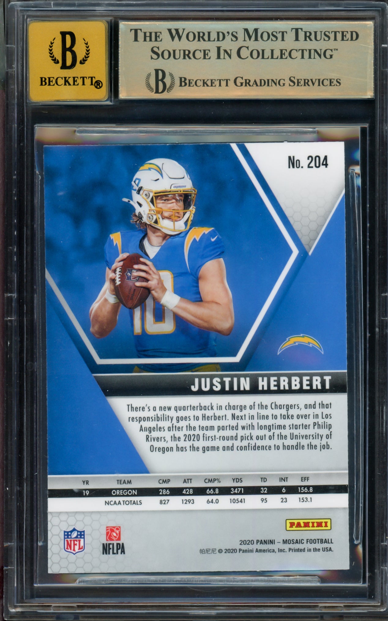 Justin Herbert Autographed 2020 Panini Mosaic Rookie Card #204 Los Angeles Chargers BGS 9.5 Auto Grade Gem Mint 10 Beckett BAS #15297486
