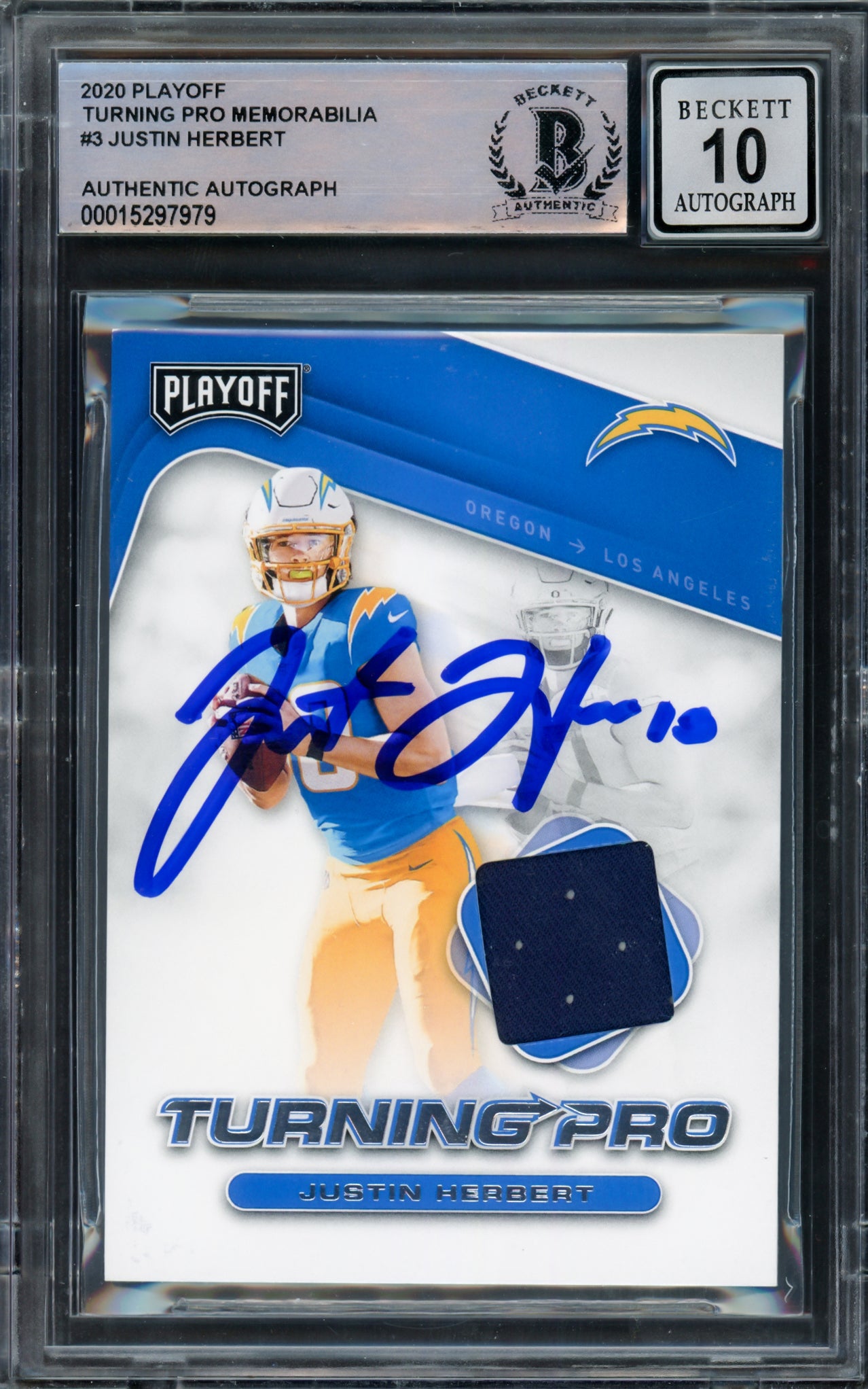 Justin Herbert Autographed 2020 Playoff Turning Pro Memorabilia Rookie Card #3 Los Angeles Chargers Auto Grade Gem Mint 10 Beckett BAS #15297979