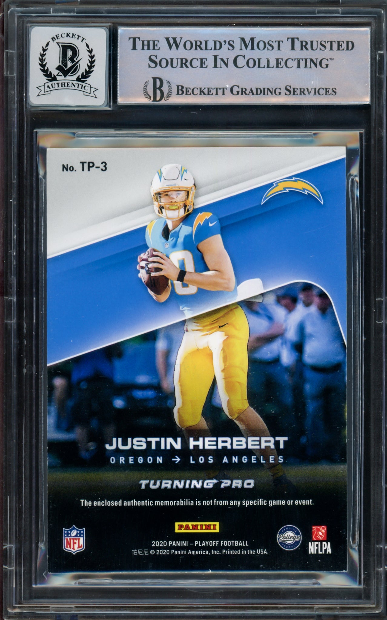 Justin Herbert Autographed 2020 Playoff Turning Pro Memorabilia Rookie Card #3 Los Angeles Chargers Auto Grade Gem Mint 10 Beckett BAS #15297979