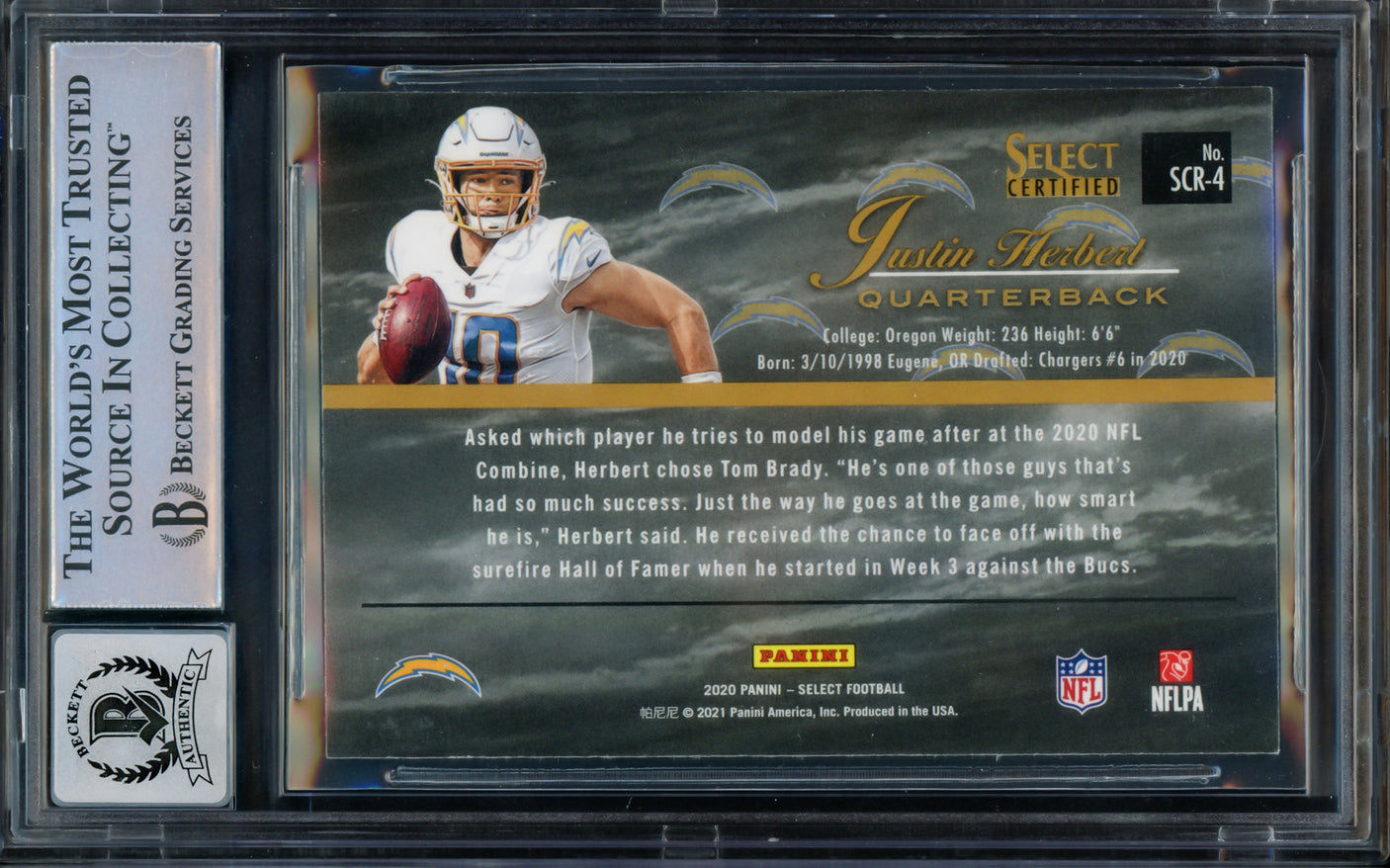 Justin Herbert Autographed 2020 Select Certified Rookie Card #4 Los Angeles Chargers BGS 9 Auto Grade Gem Mint 10 Beckett BAS #15297641