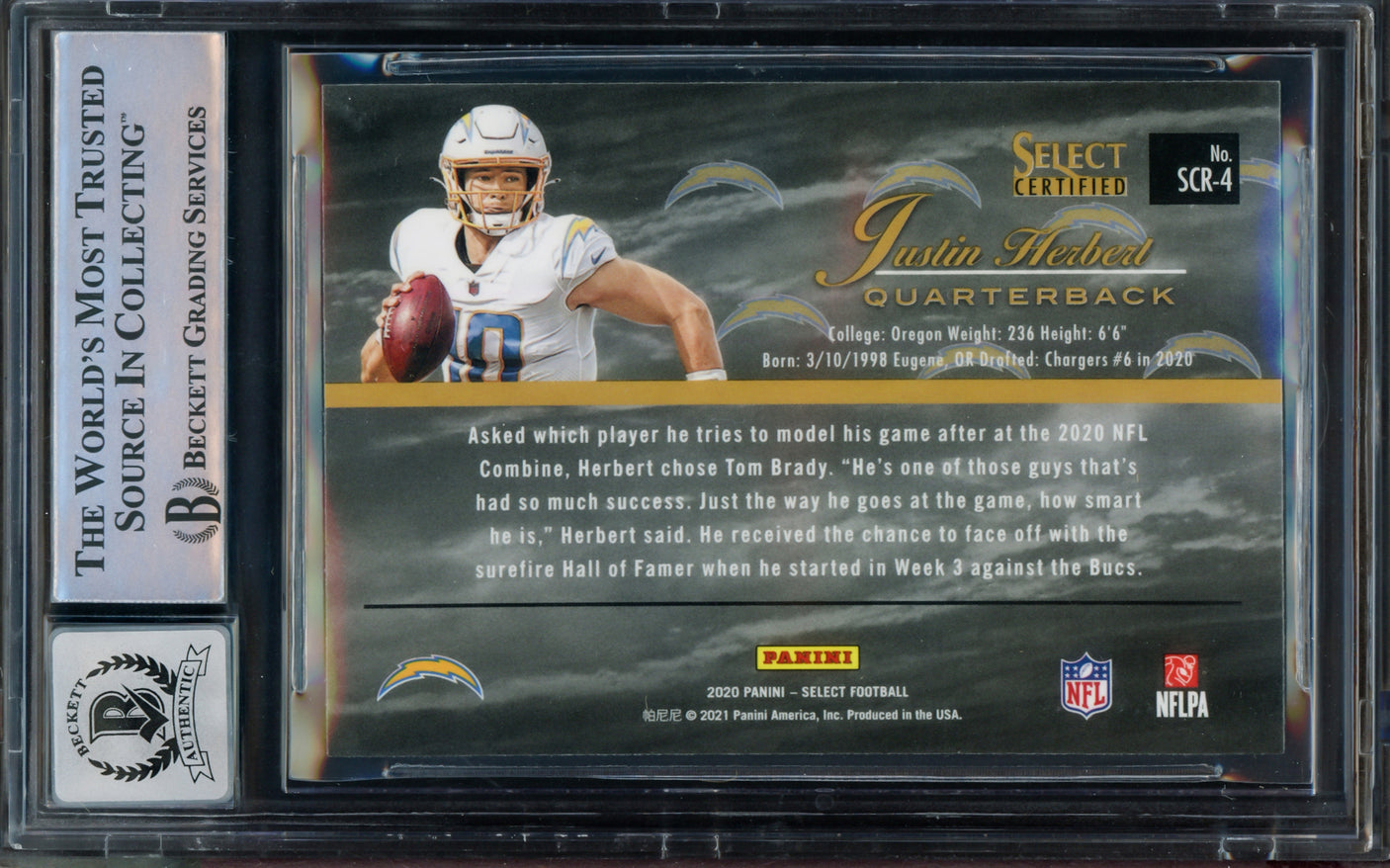 Justin Herbert Autographed 2020 Select Certified Rookie Card #4 Los Angeles Chargers Auto Grade Gem Mint 10 Beckett BAS #15297971