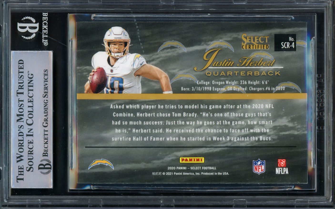 Justin Herbert Autographed 2020 Select Certified Rookie Card #4 Los Angeles Chargers Beckett BAS #15298134