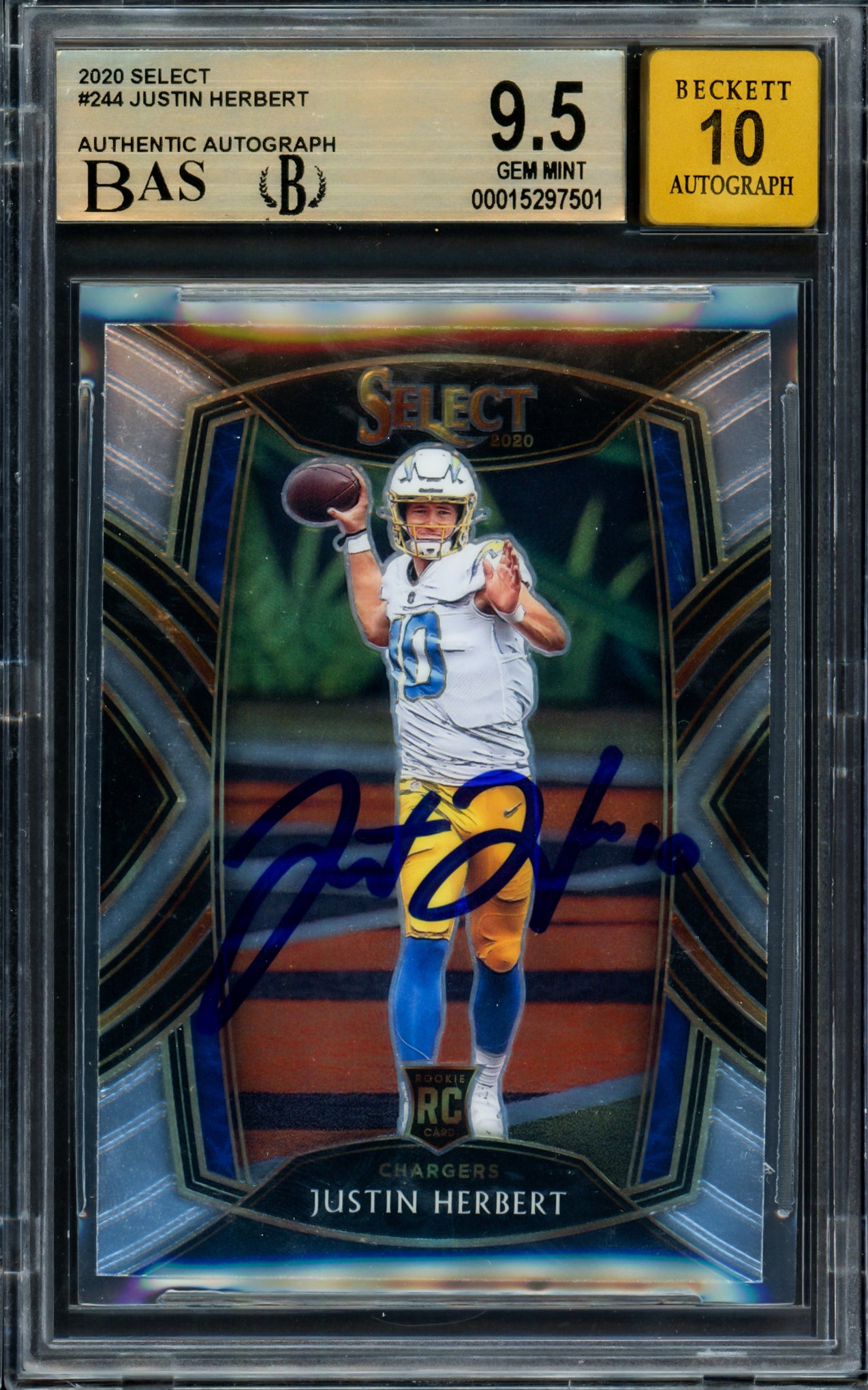 Justin Herbert Autographed 2020 Select Rookie Card #244 Los Angeles Chargers BGS 9.5 Auto Grade Gem Mint 10 Beckett BAS #15297501
