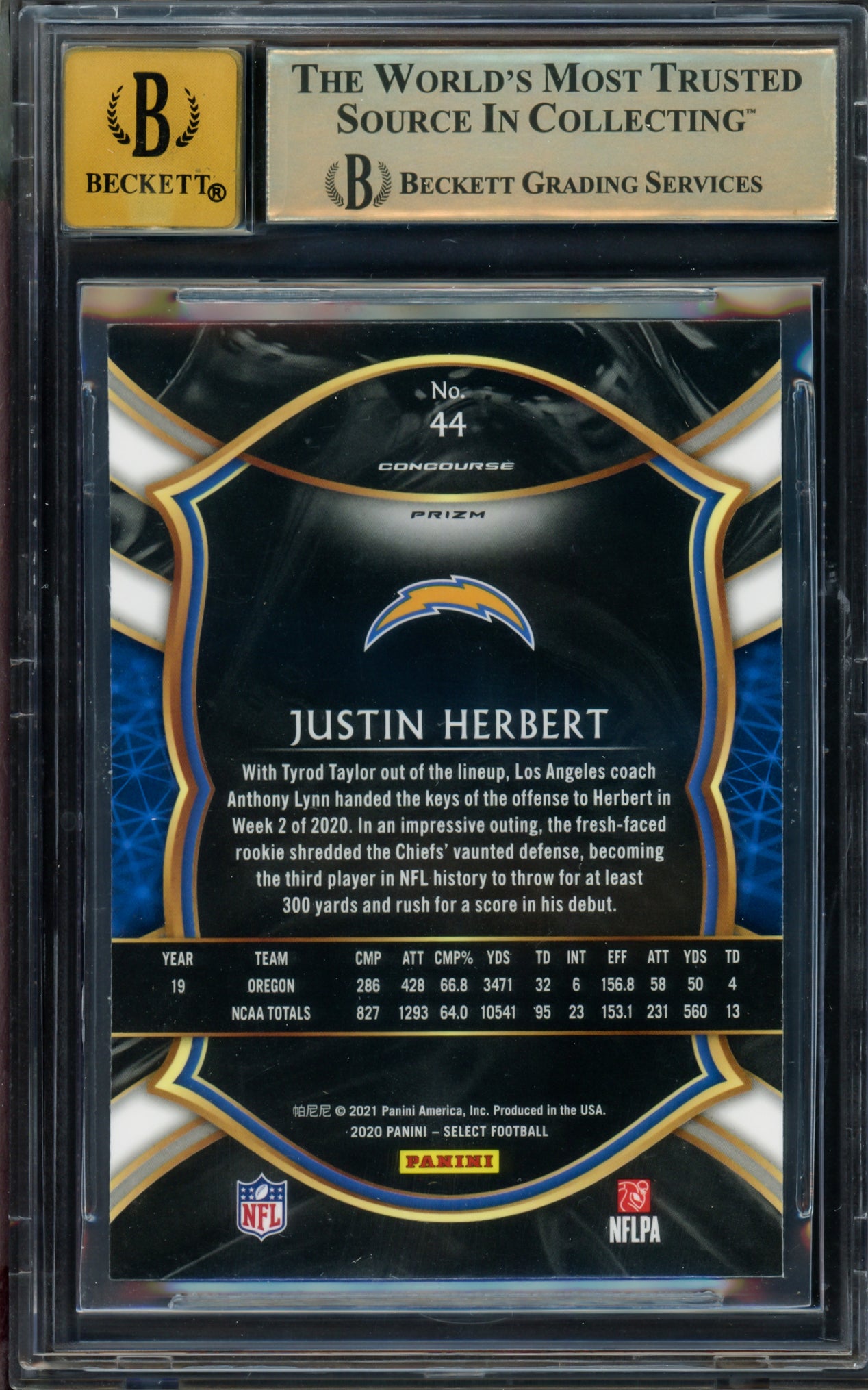 Justin Herbert Autographed 2020 Select Prizm Silver Rookie Card #44 Los Angeles Chargers BGS 9.5 Auto Grade Gem Mint 10 Beckett BAS #15297326