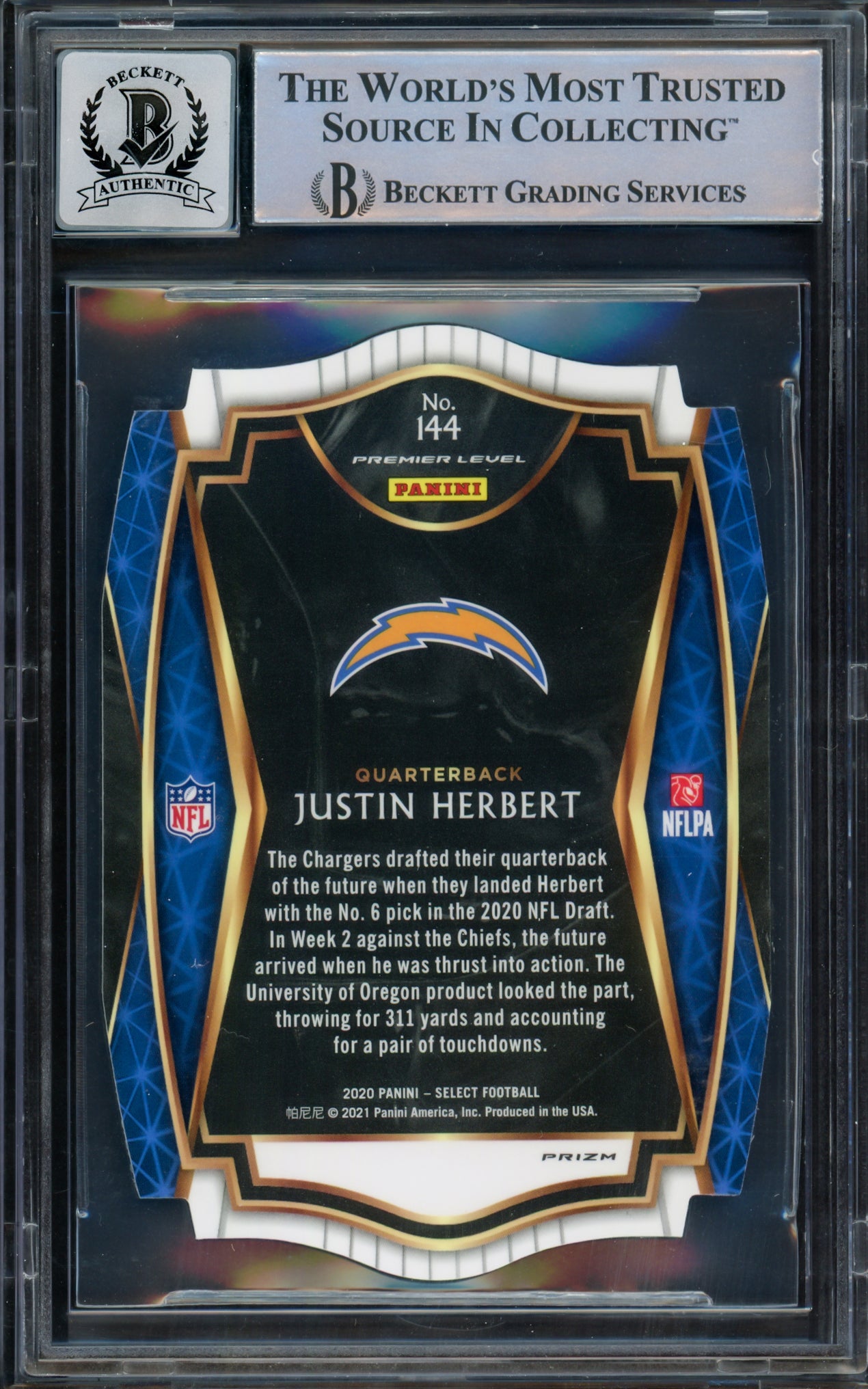 Justin Herbert Autographed 2020 Select Prizm Tri Color Die Cut Rookie Card #144 Los Angeles Chargers Auto Grade Gem Mint 10 Beckett BAS #15297958
