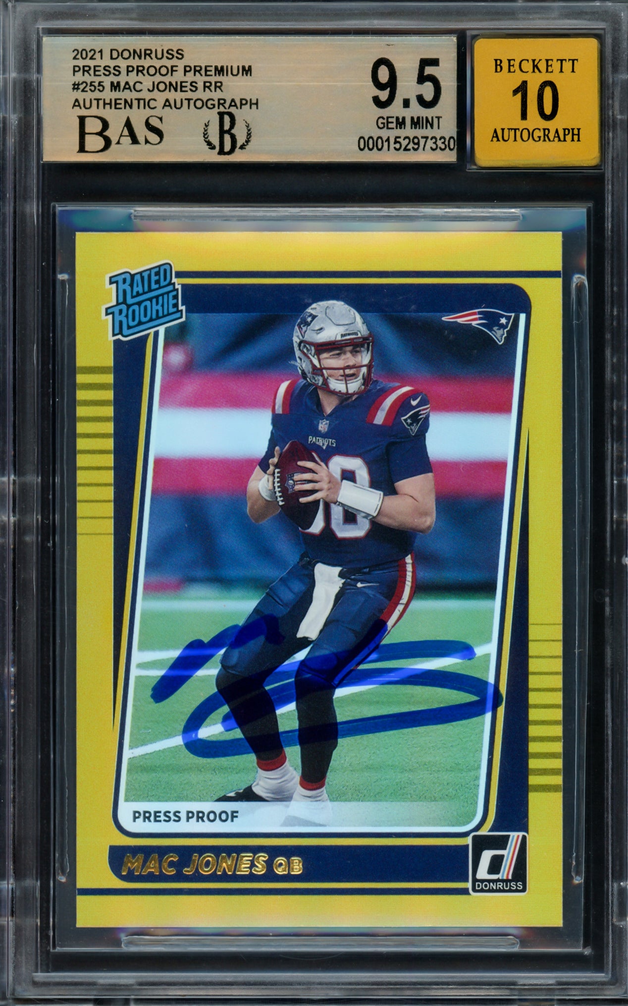 Mac Jones Autographed 2021 Donruss Gold Press Proof Premium Rookie Card #255 New England Patriots BGS 9.5 Auto Grade Gem Mint 10 Beckett BAS #15297330