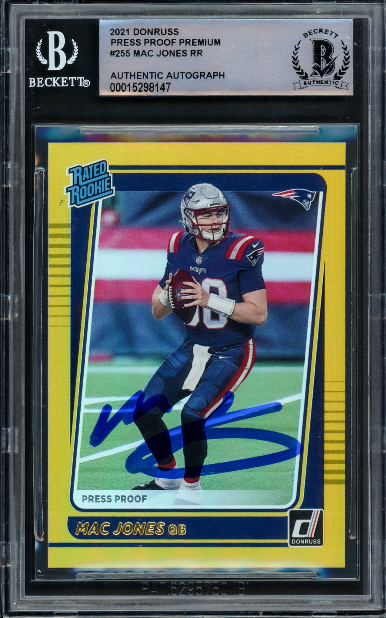 Mac Jones Autographed 2021 Donruss Gold Press Proof Premium Rookie Card #255 New England Patriots Beckett BAS #15298147