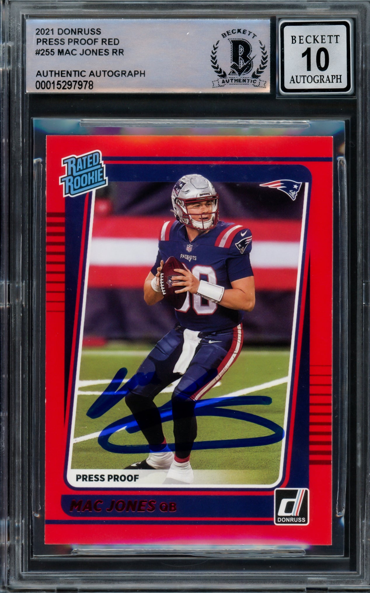 Mac Jones Autographed 2021 Donruss Red Press Proof Rookie Card #255 New England Patriots Auto Grade Gem Mint 10 Beckett BAS #15297978