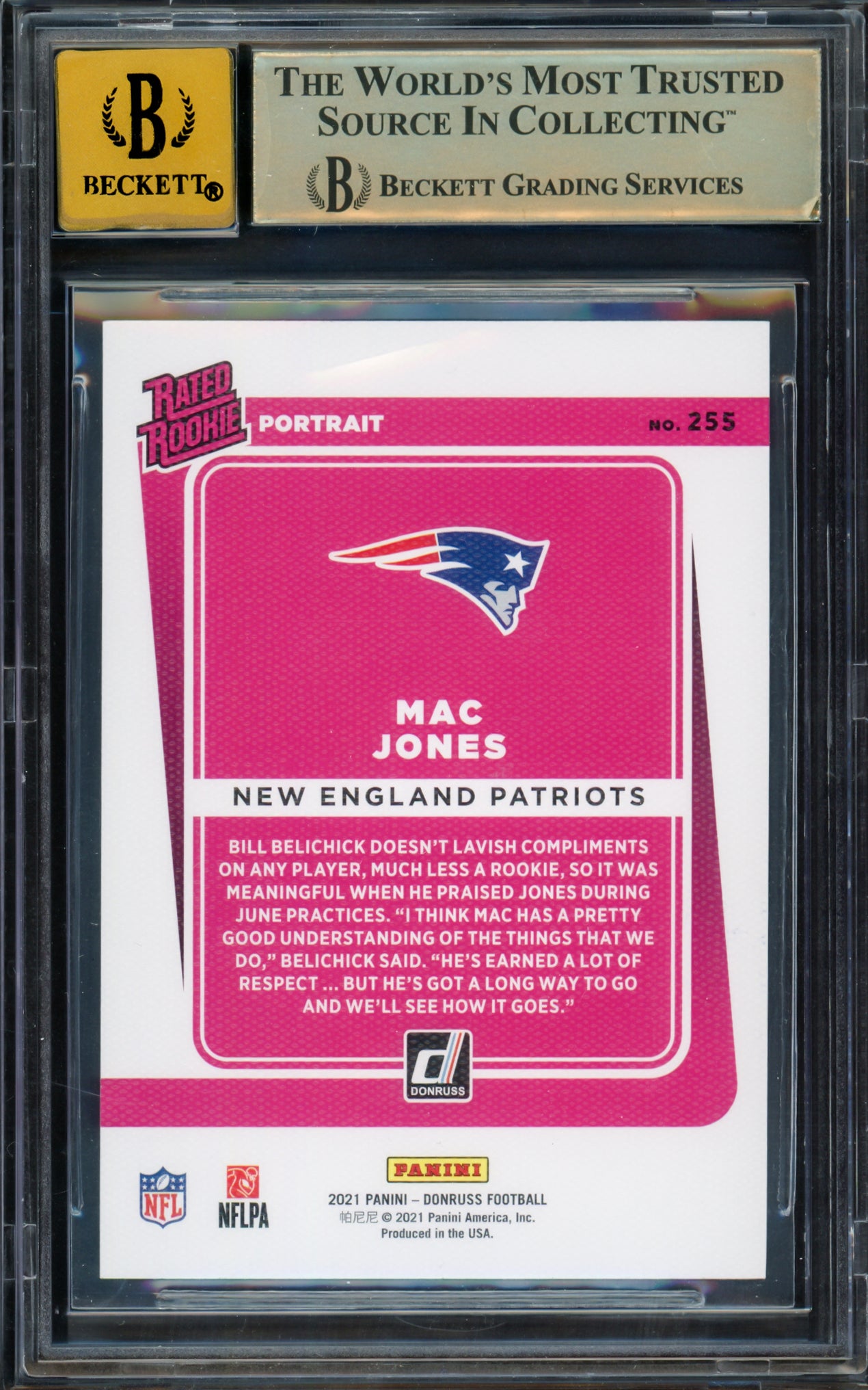 Mac Jones Autographed 2021 Donruss Rated Rookie Portrait Rookie Card #255 New England Patriots BGS 9.5 Auto Grade Gem Mint 10 Beckett BAS #15297332