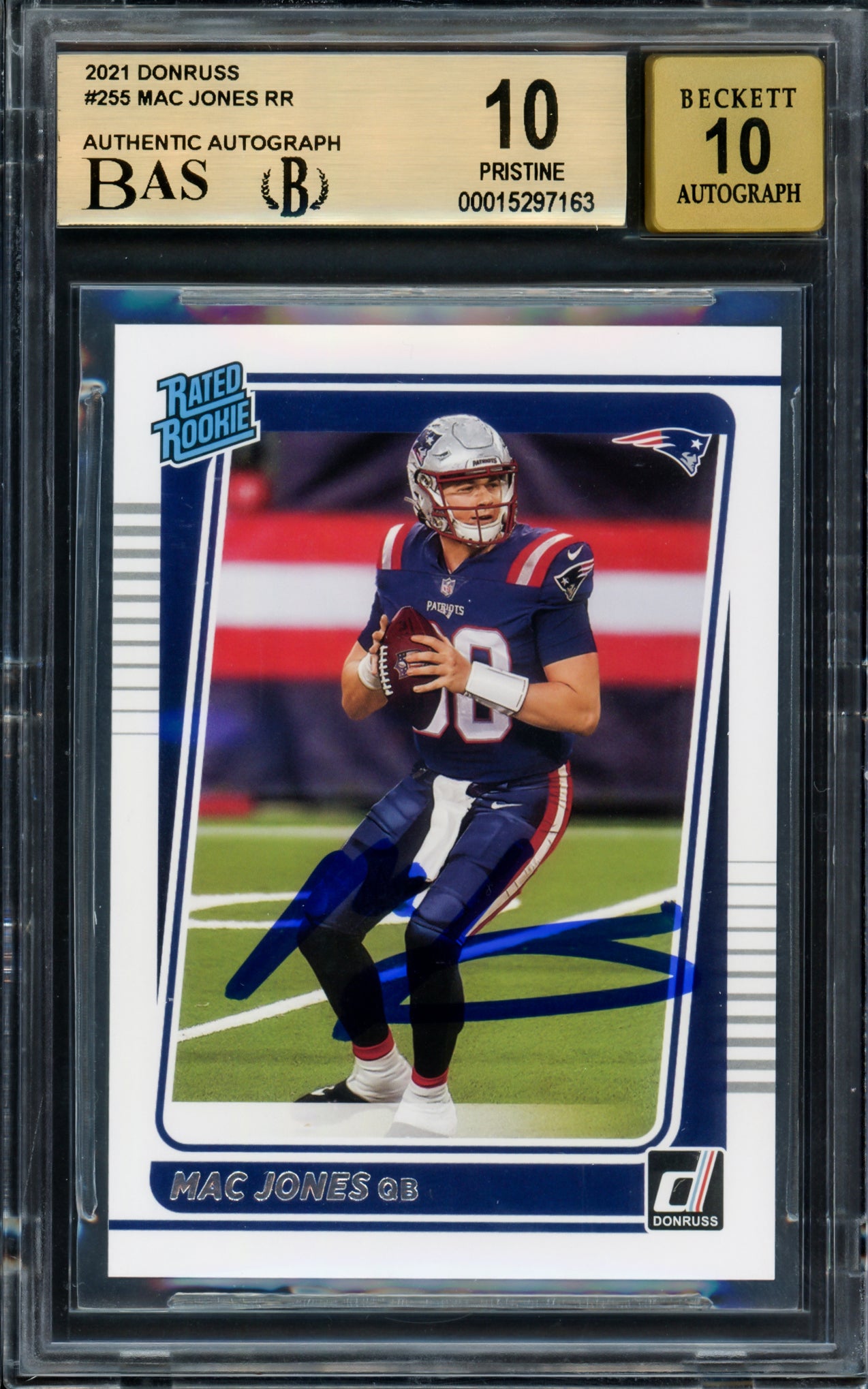 Mac Jones Autographed 2021 Donruss Rated Rookie Card #255 New England Patriots BGS 10 Pristine Auto Grade Gem Mint 10 Highest Graded Beckett BAS #15297163