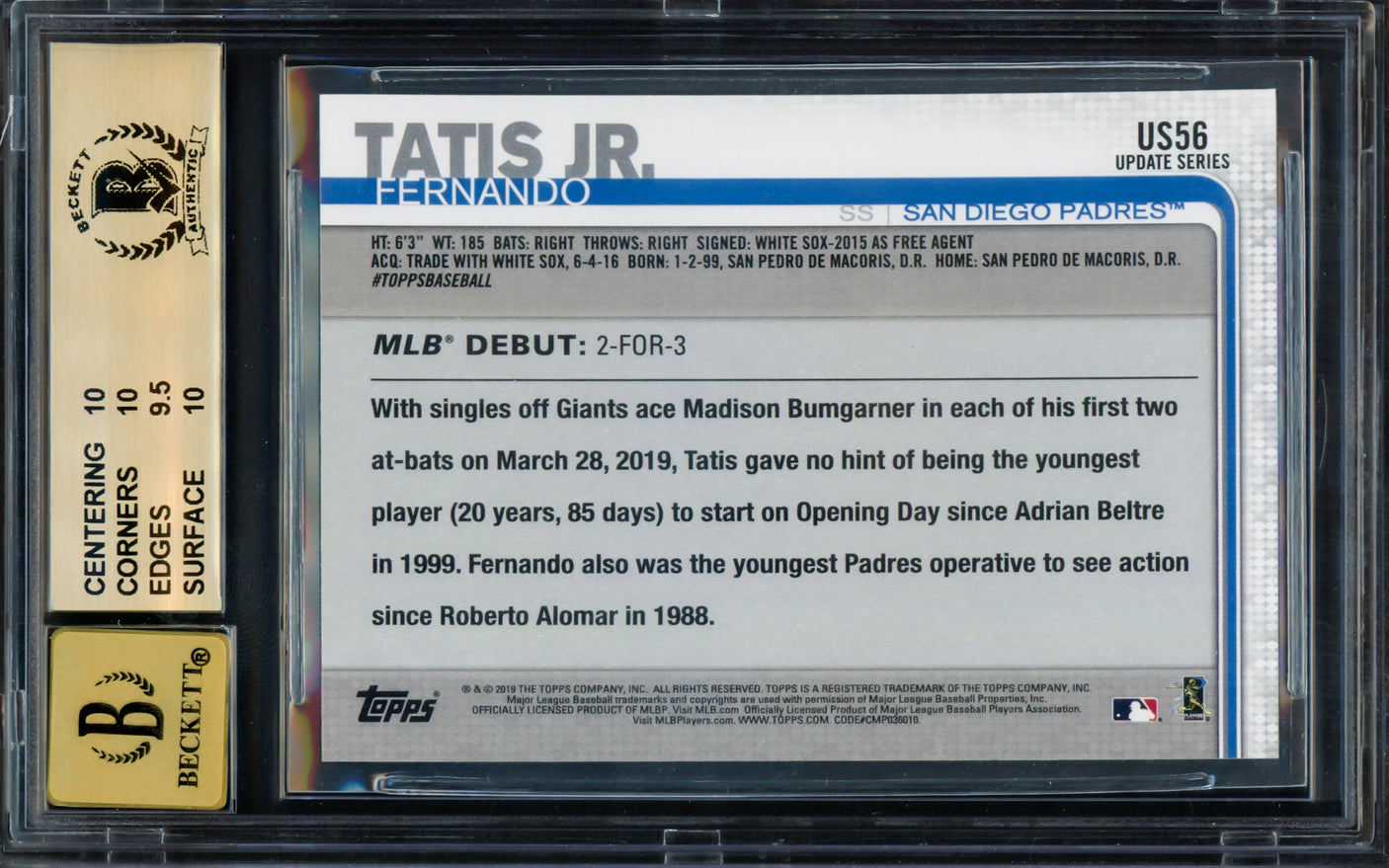 Fernando Tatis Jr. Autographed 2019 Topps Update Rookie Card #US56 San Diego Padres BGS 10 Auto Grade Gem Mint 10 Highest Graded Beckett BAS #15265457