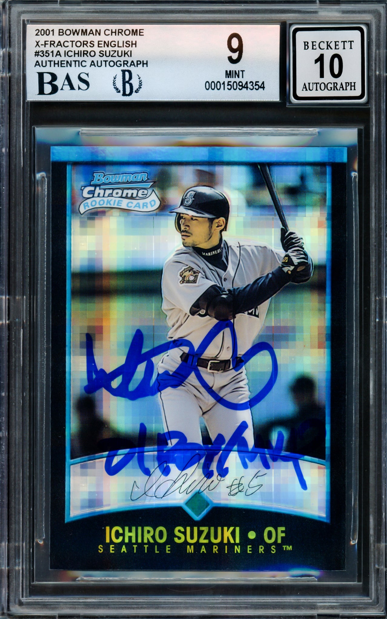 Ichiro Suzuki Autographed 2001 Bowman Chrome X-Fractor English Rookie Card #351A Seattle Mariners BGS 9 Auto Grade Gem Mint 10 "01 ROY/MVP" Beckett BAS #15094354