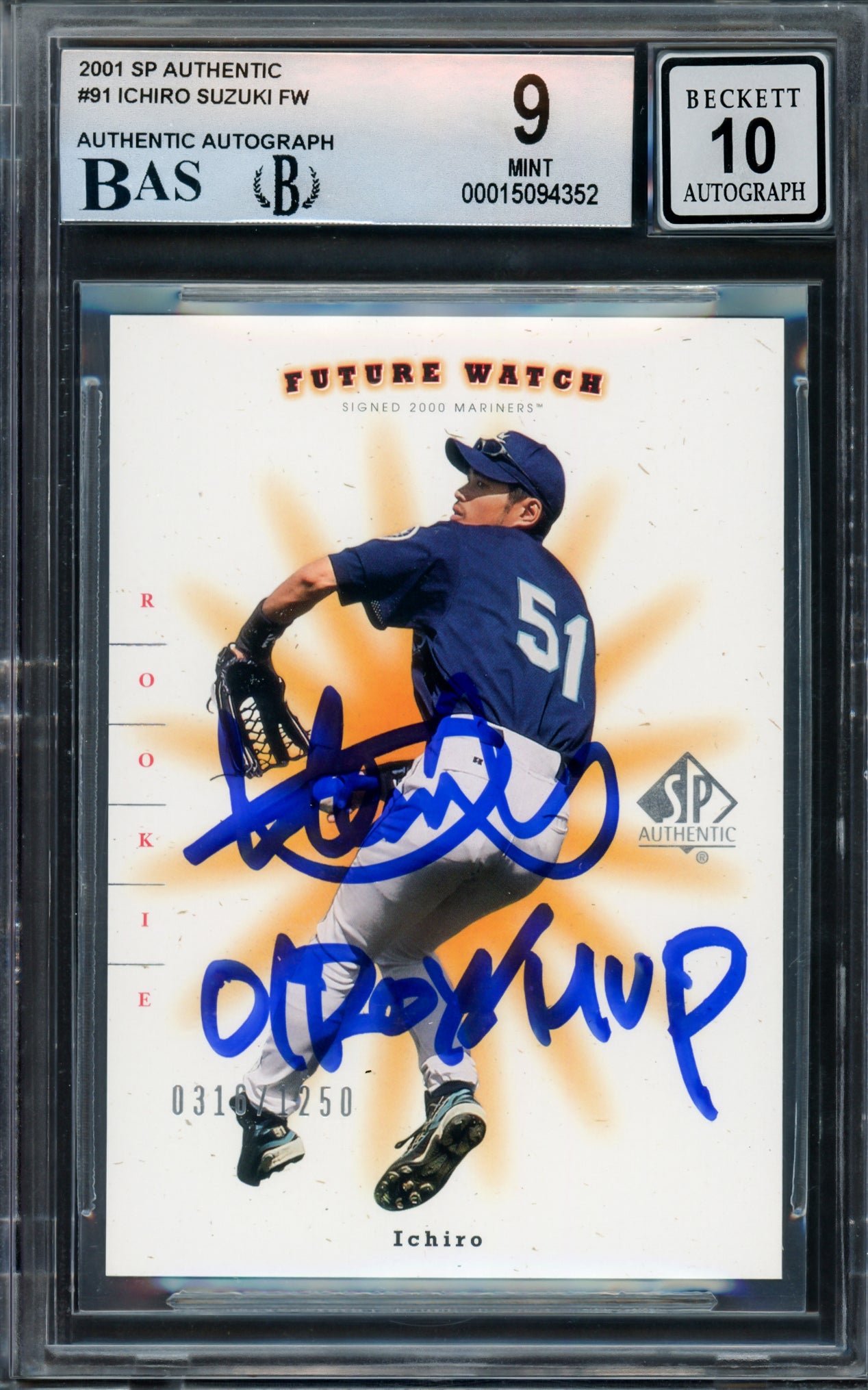 Ichiro Suzuki Autographed 2001 Upper Deck SP Authentic Rookie Card #91 Seattle Mariners BGS 9 Auto Grade Gem Mint 10 "01 ROY/MVP" #316/1250 Beckett BAS #15094352