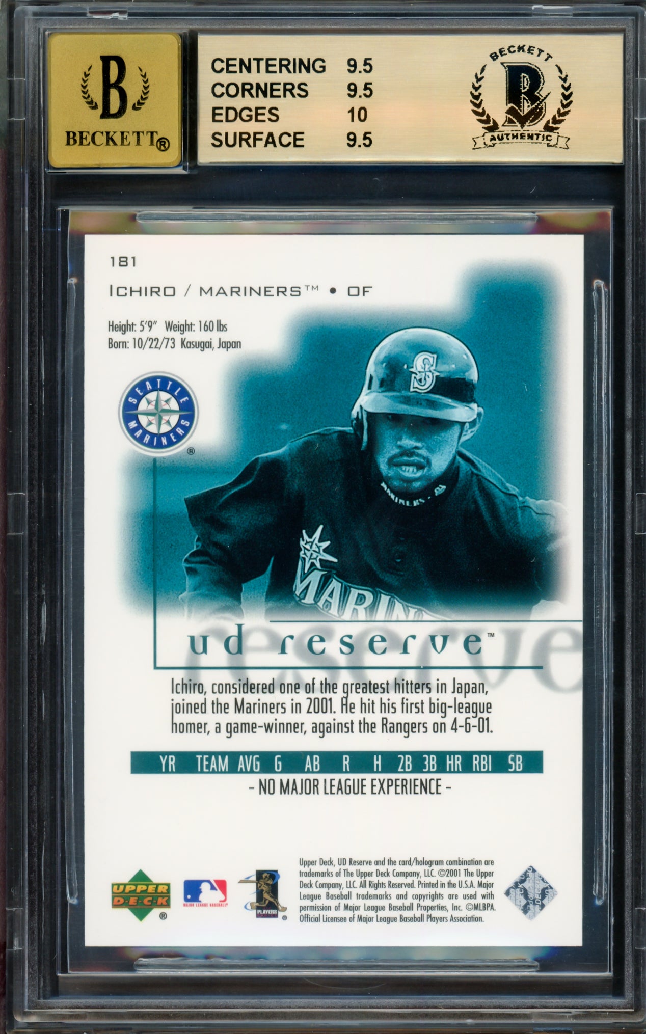 Ichiro Suzuki Autographed 2001 Upper Deck Reserve Rookie Card #181 Seattle Mariners BGS 9.5 Auto Grade Gem Mint 10 "01 ROY/MVP" Highest Graded #2089/2500 Beckett BAS #15094348